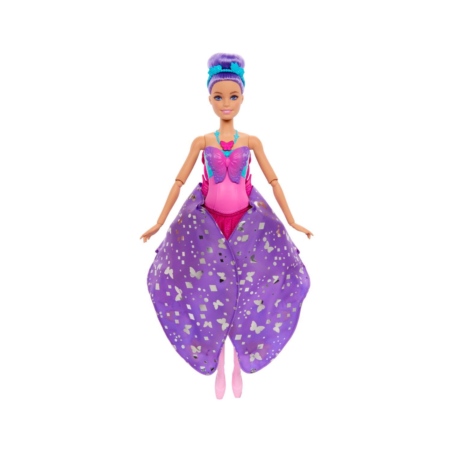 Barbie - ali scintillanti, bambola dai capelli viola, trasformazione 2 in 1 da ballerina a farfalla con ali apribili - Barbie