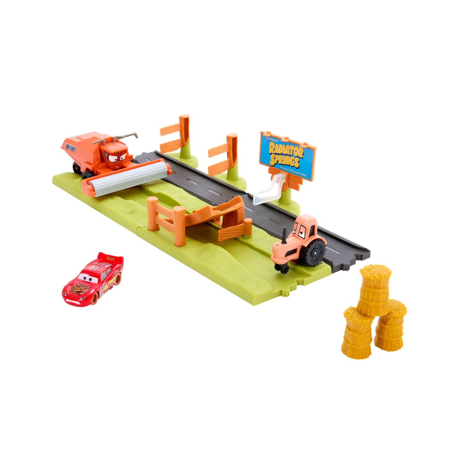 Cars - corsa acrobatica in fuga da frank, playset rampa con 2 modalità di gioco e 3 personaggi dal film - Cars, Disney