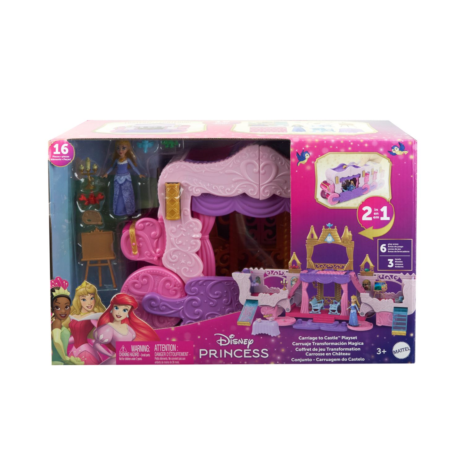 Disney princess - castello carrozza, playset 2 in 1 con mini bambola aurora, 4 personaggi e 10 mobili e accessori - DISNEY PRINCESS