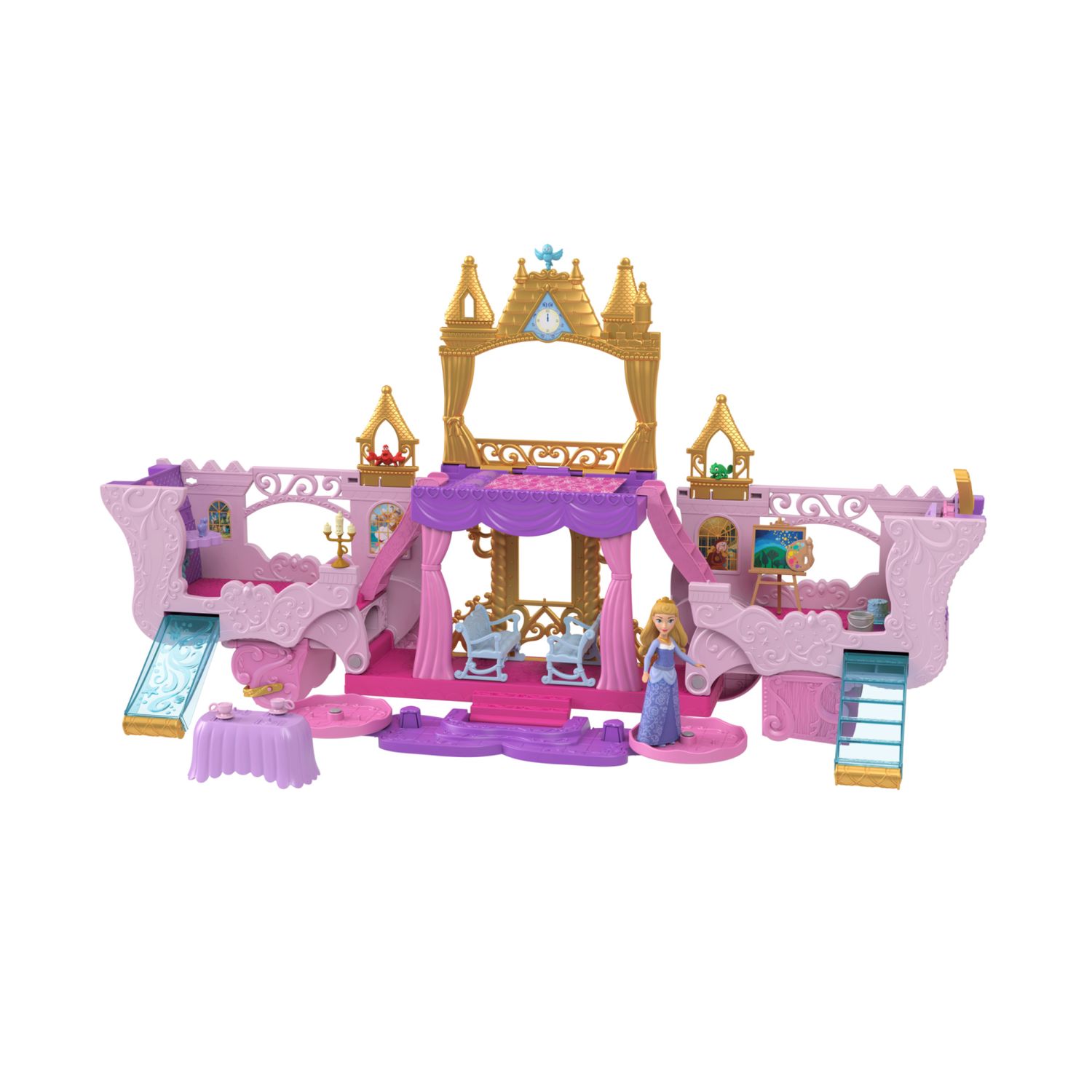 Disney princess - castello carrozza, playset 2 in 1 con mini bambola aurora, 4 personaggi e 10 mobili e accessori - DISNEY PRINCESS