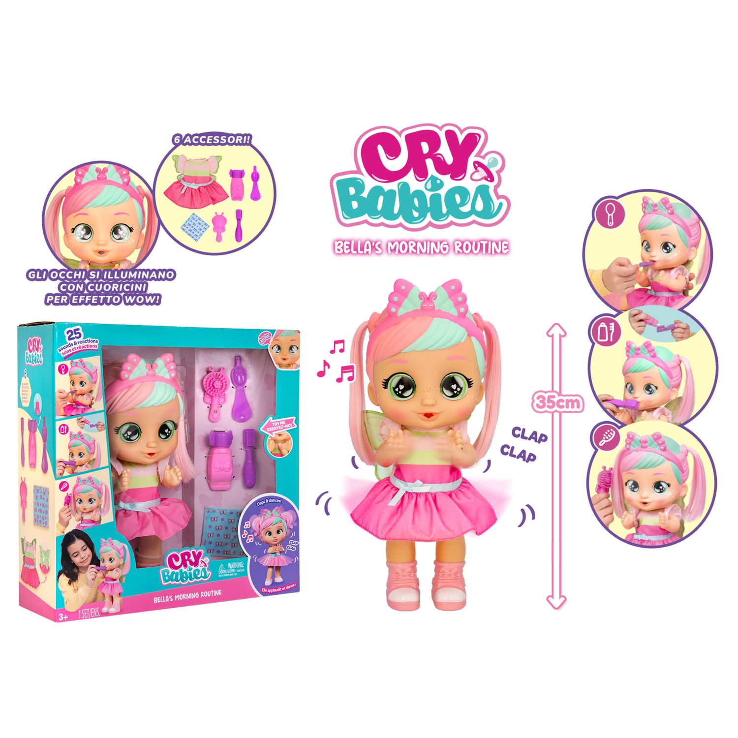 Cry babies bella morning routine, bambola con funzione: ride, applaude e balla. con accessori. - CRY BABIES