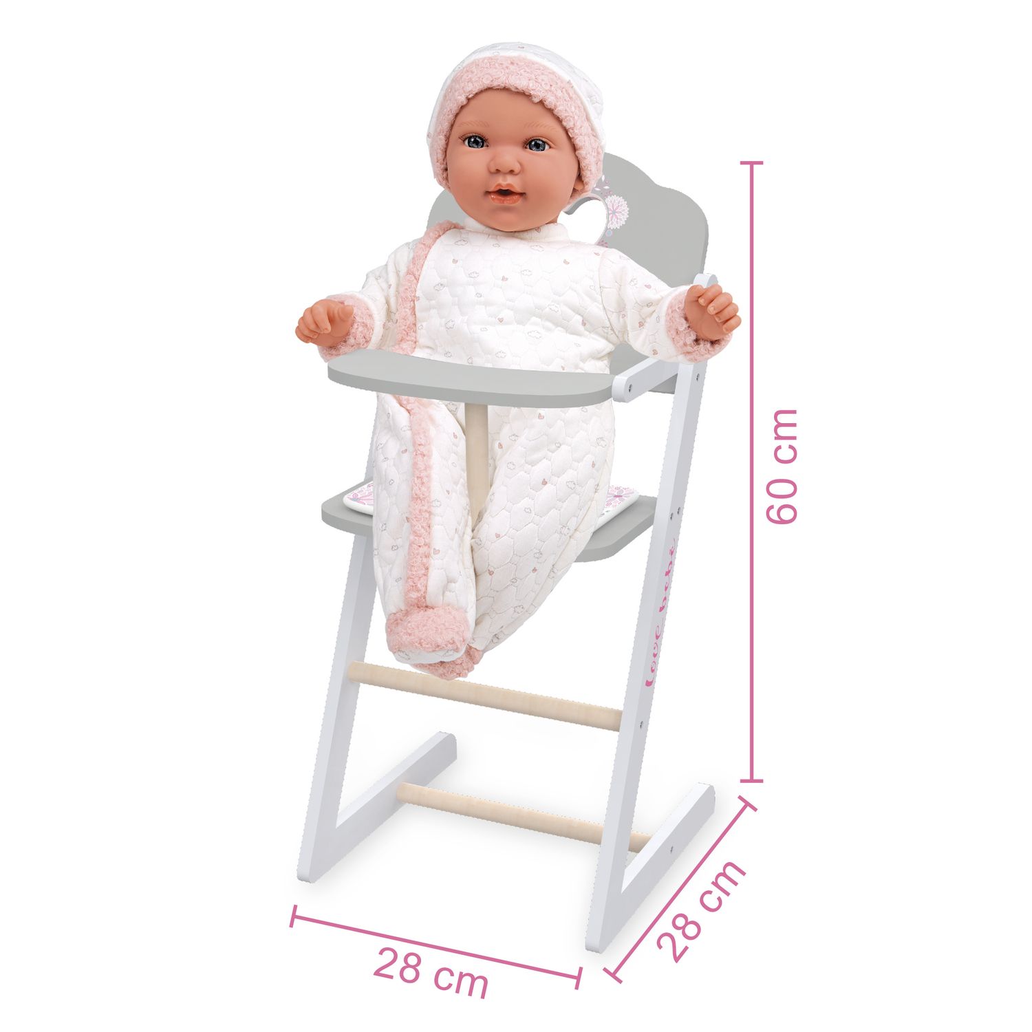 Seggiolone in legno per bambole - design romantico e sostenibile con certificazione fsc - love bebé - LOVE BEBÈ
