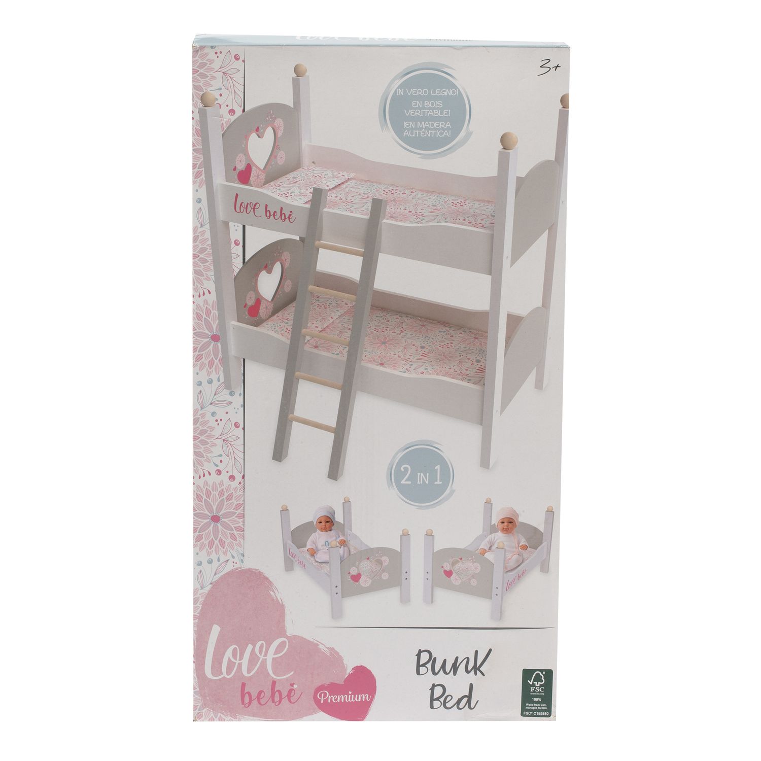 Letto a castello in legno per bambole - con copertine e cuscini coordinati - love bebè - LOVE BEBÈ