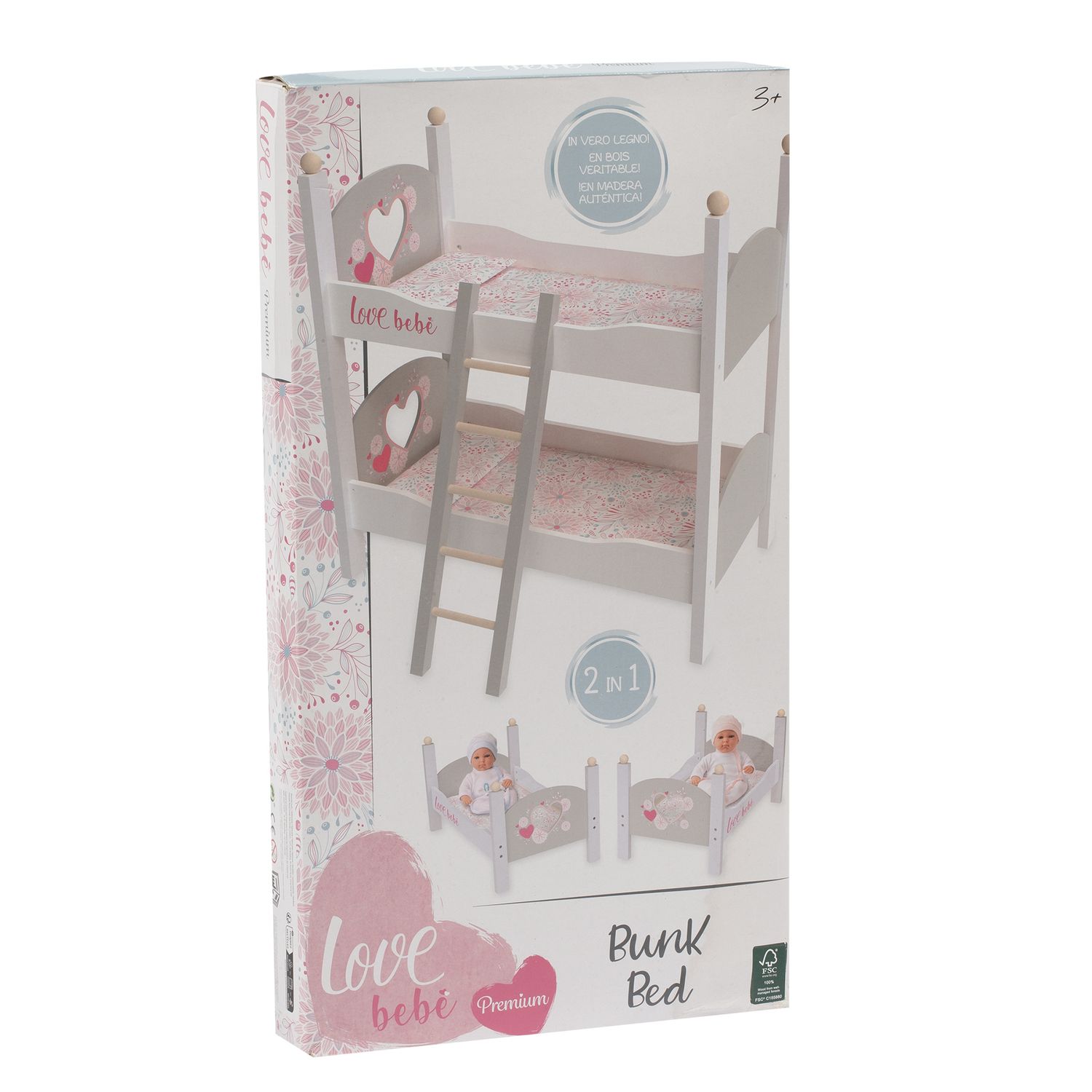 Letto a castello in legno per bambole - con copertine e cuscini coordinati - love bebè - LOVE BEBÈ