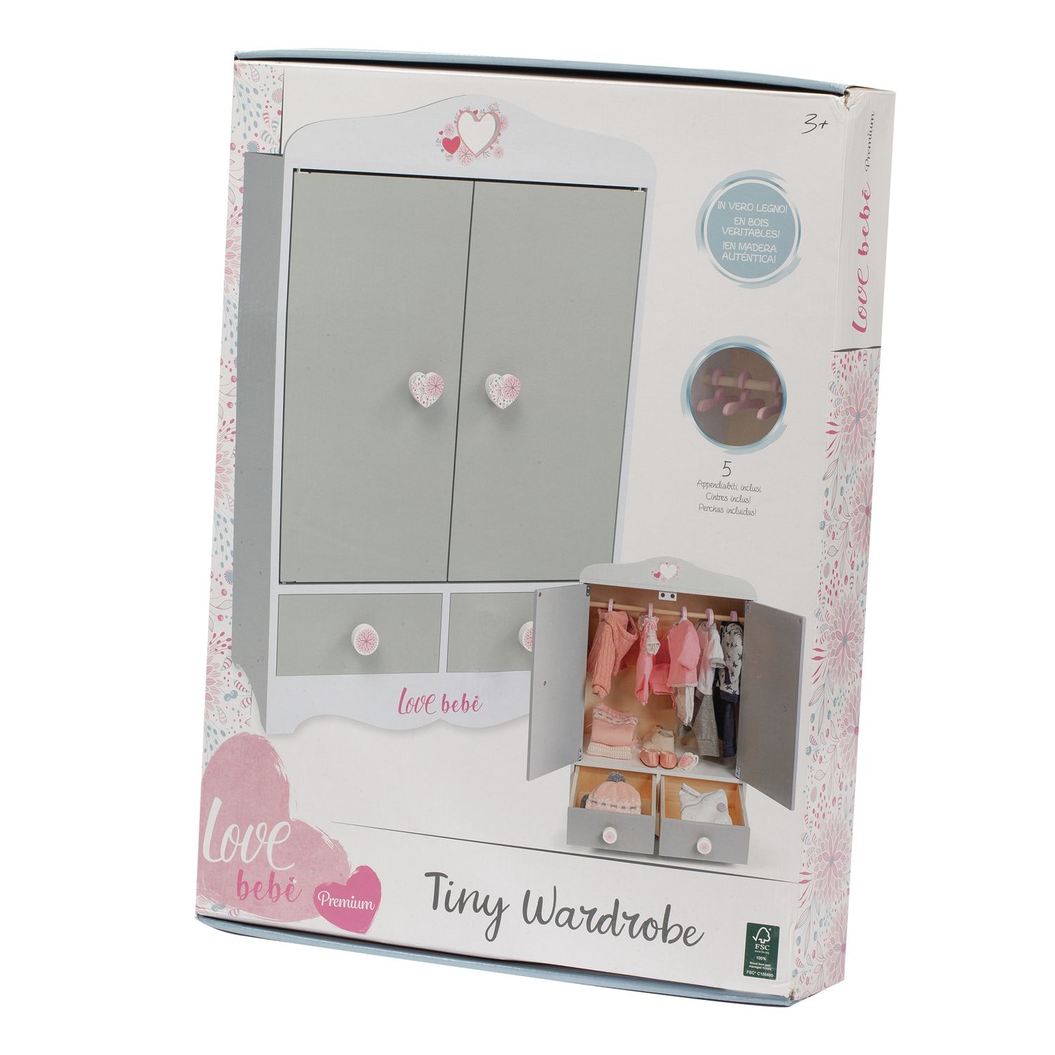 Guardaroba in legno per bambole con pomelli a forma di cuore - love bebe' - LOVE BEBÈ