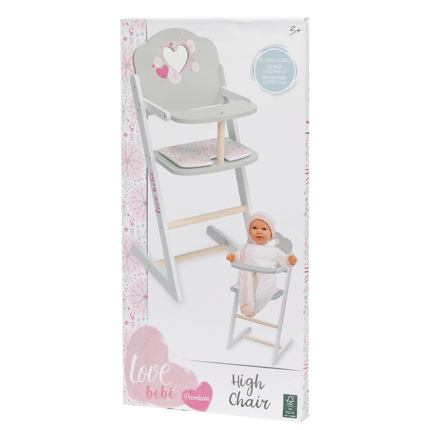 Seggiolone in legno per bambole - design romantico e sostenibile con certificazione fsc - love bebé - LOVE BEBÈ