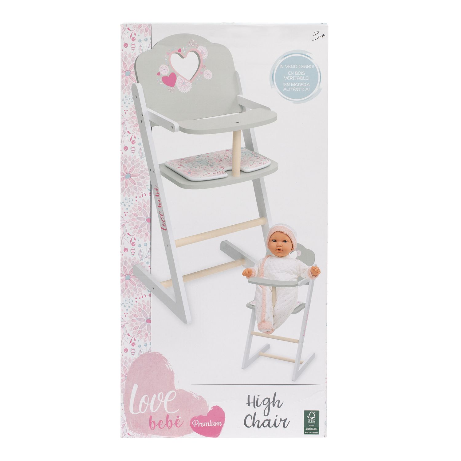 Seggiolone in legno per bambole - design romantico e sostenibile con certificazione fsc - love bebé - LOVE BEBÈ