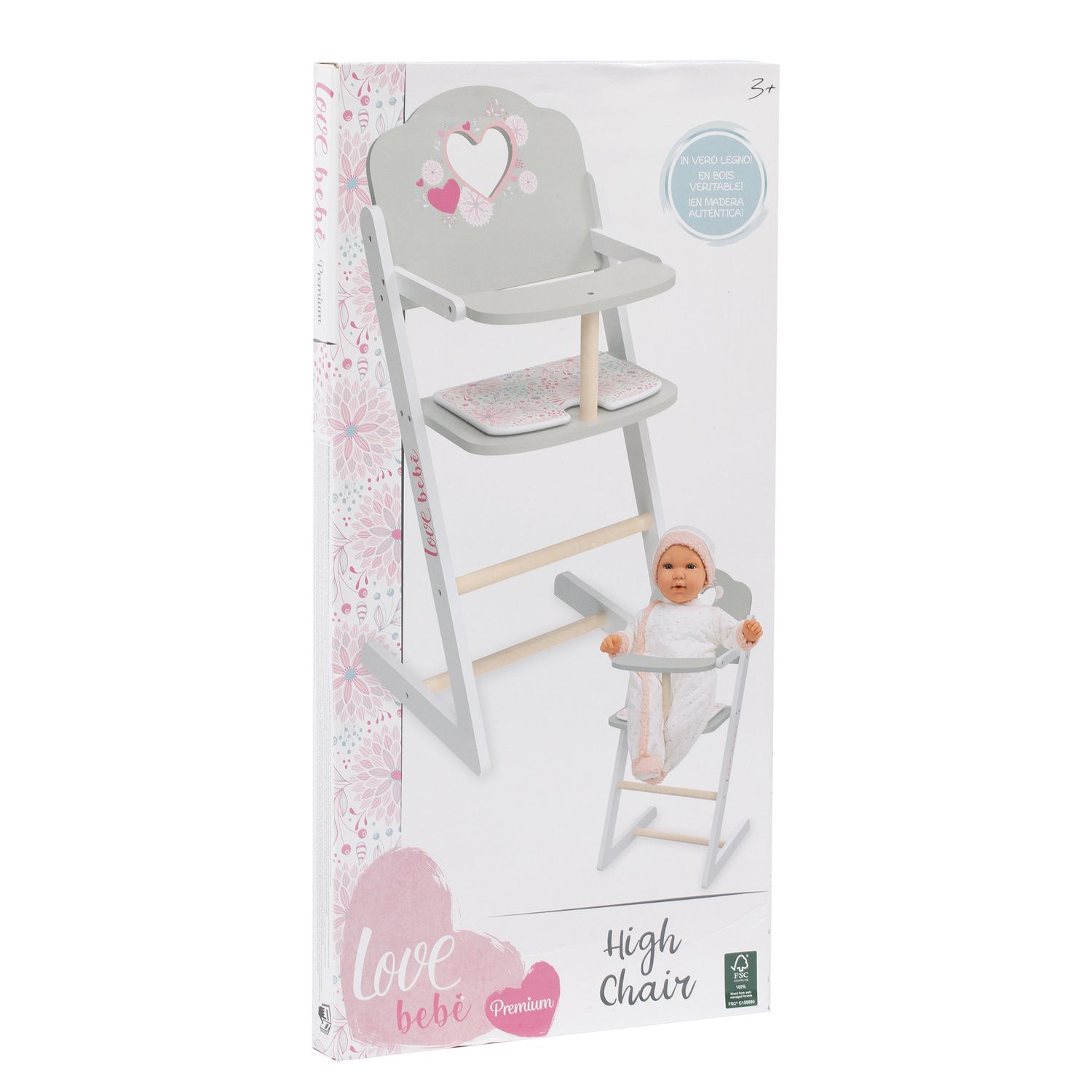 Seggiolone in legno per bambole - design romantico e sostenibile con certificazione fsc - love bebé - LOVE BEBÈ