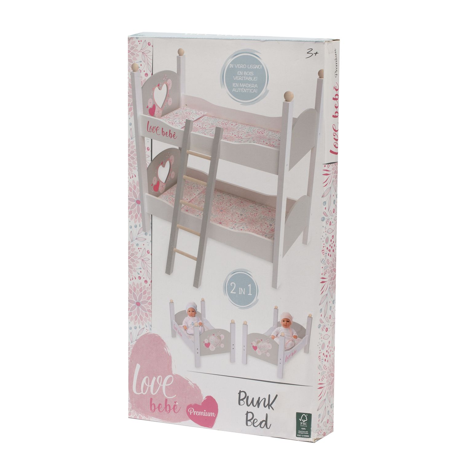 Letto a castello in legno per bambole - con copertine e cuscini coordinati - love bebè - LOVE BEBÈ