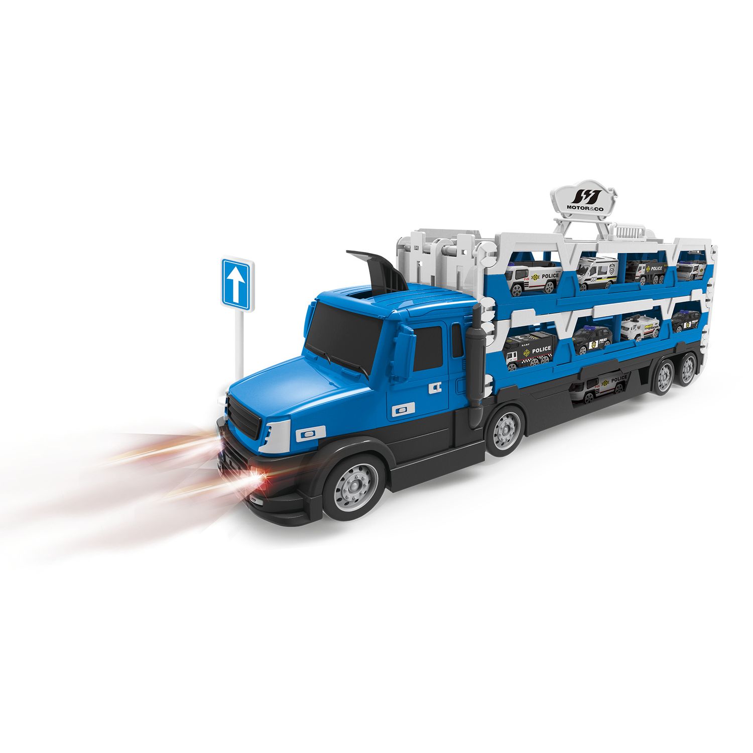 Camion della polizia motor&co. 2 in 1 -trasportatore e pista con lanciatore, trasporta e gareggia! - MOTOR & CO., SUPERSTAR