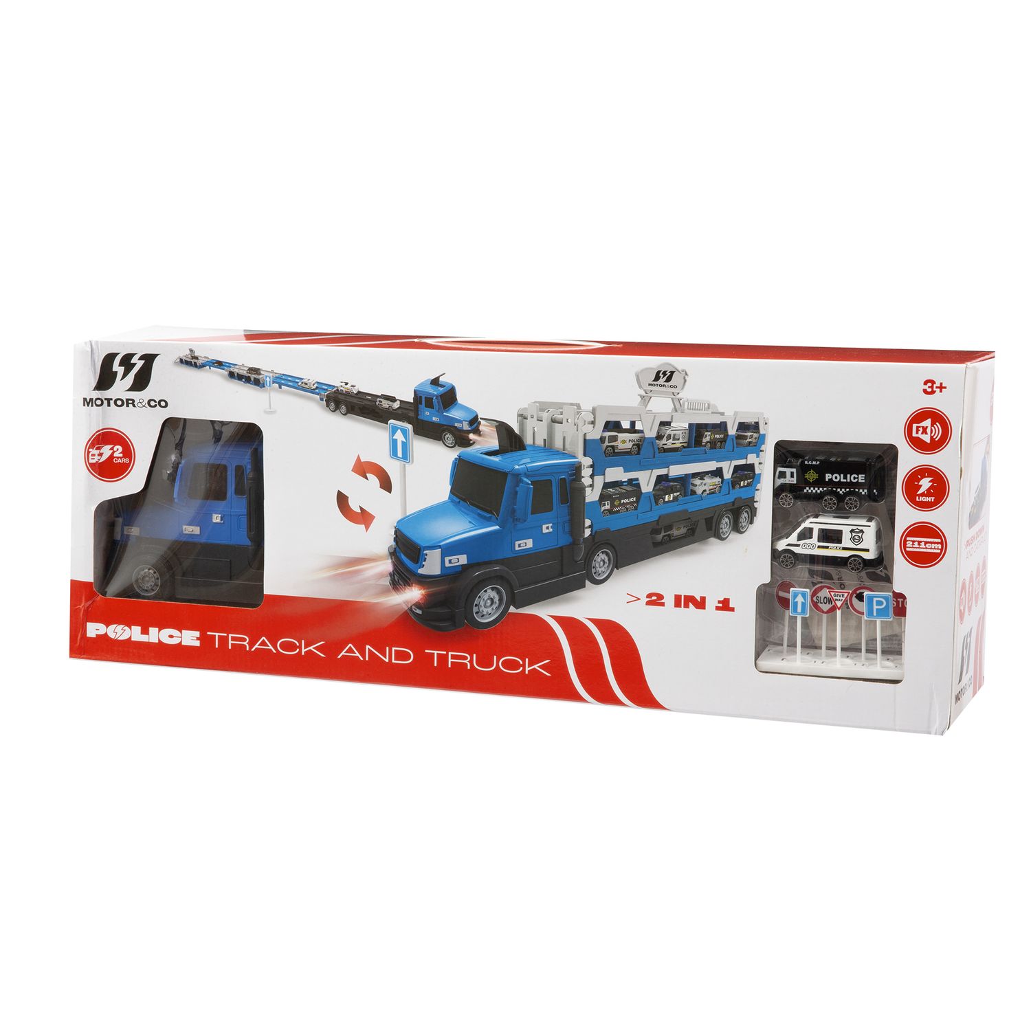 Camion della polizia motor&co. 2 in 1 -trasportatore e pista con lanciatore, trasporta e gareggia! - MOTOR & CO., SUPERSTAR
