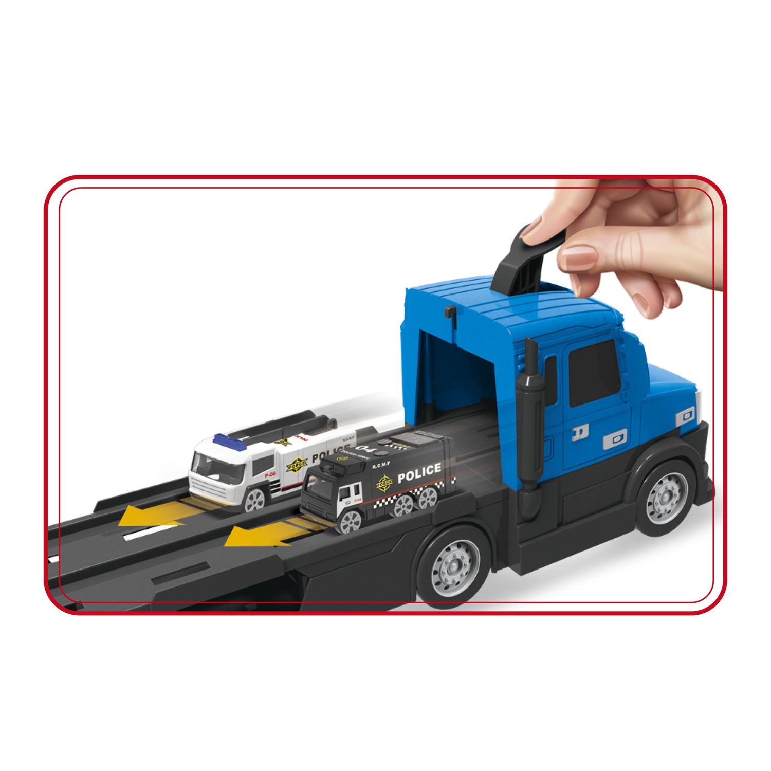 Camion della polizia motor&co. 2 in 1 -trasportatore e pista con lanciatore, trasporta e gareggia! - MOTOR & CO., SUPERSTAR