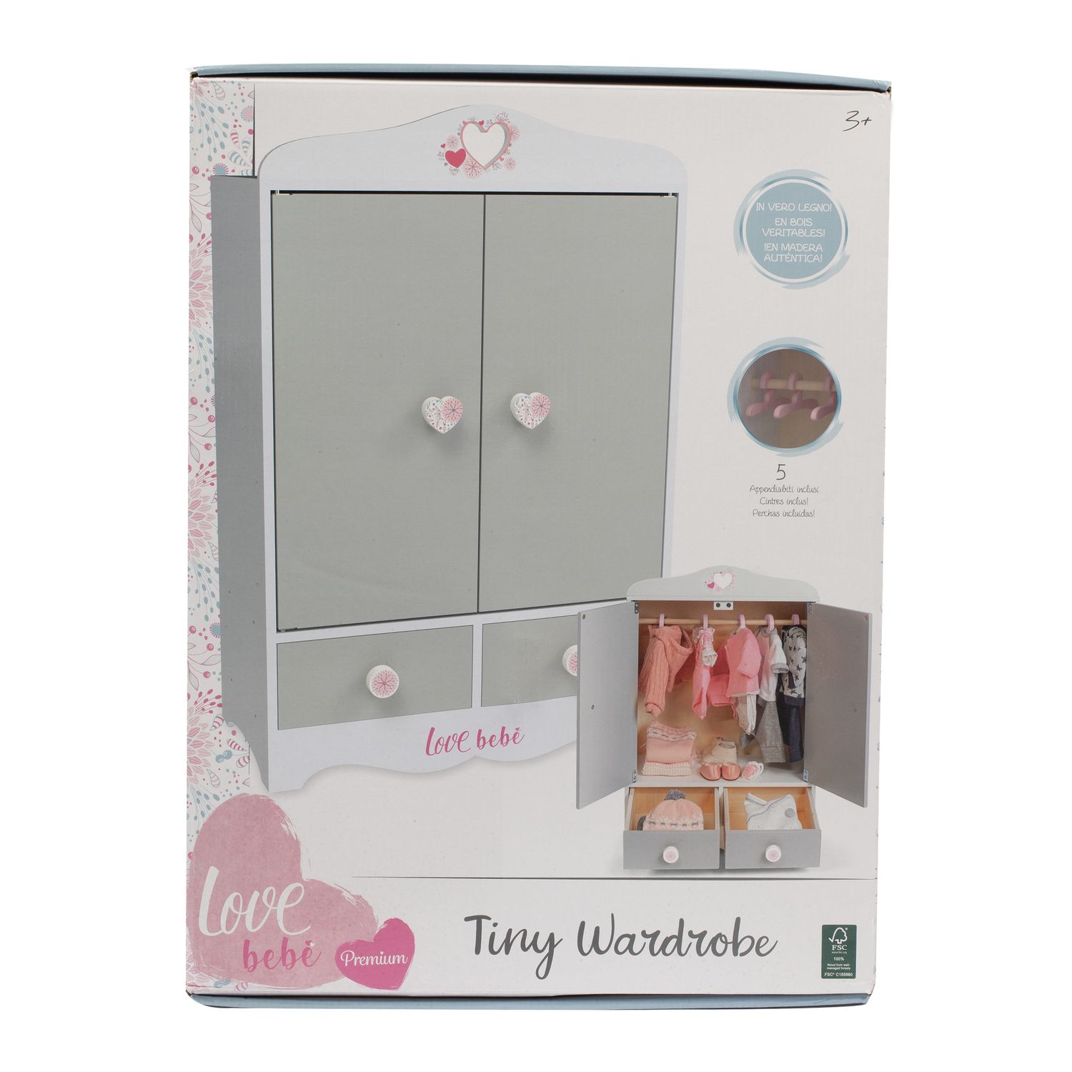 Guardaroba in legno per bambole con pomelli a forma di cuore - love bebe' - LOVE BEBÈ