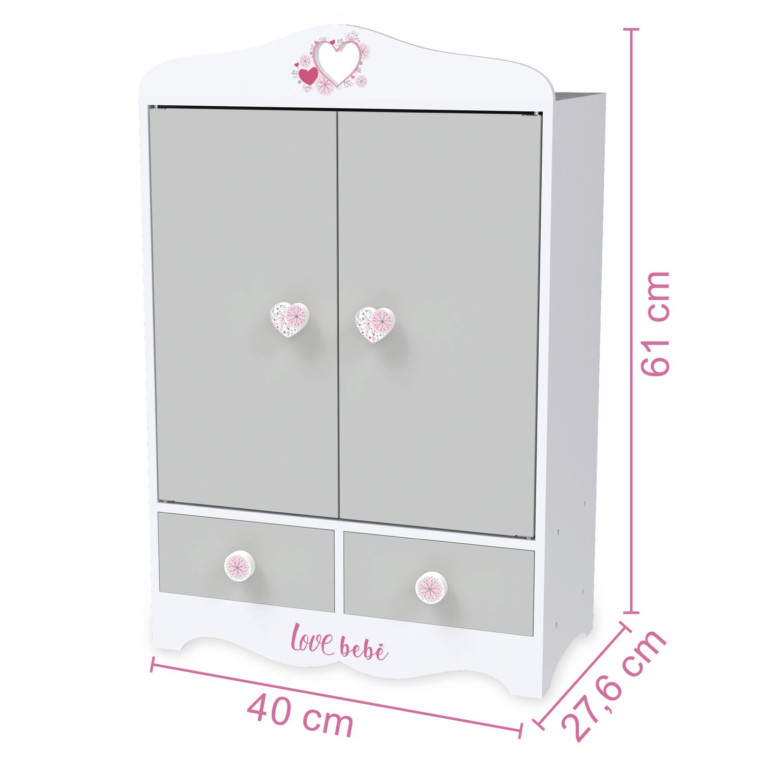 Guardaroba in legno per bambole con pomelli a forma di cuore - love bebe' - LOVE BEBÈ