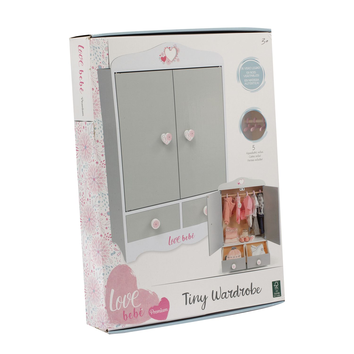 Guardaroba in legno per bambole con pomelli a forma di cuore - love bebe' - LOVE BEBÈ