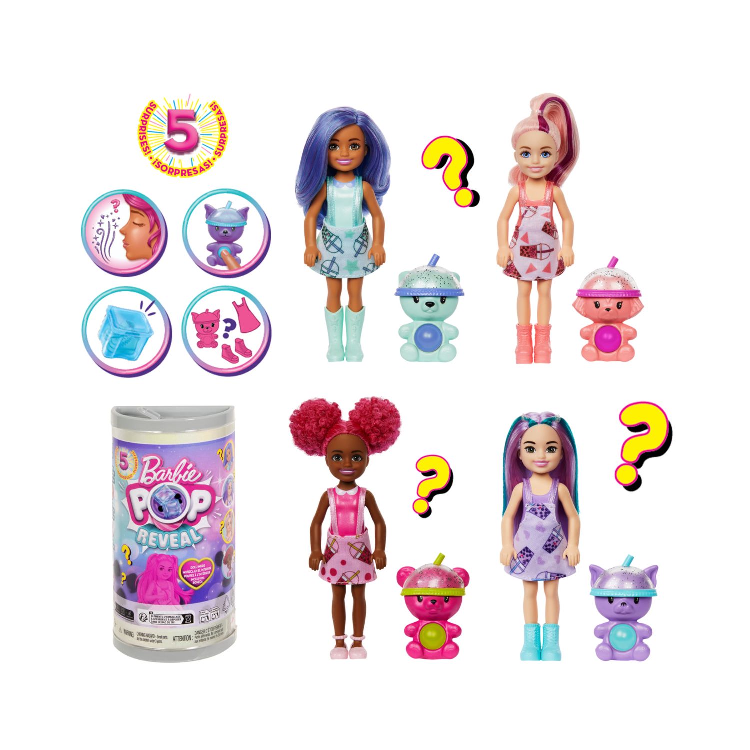 Barbie - chelsea pop reveal serie bubble tea, bambola con 5 sorprese profumate tra cui una mini bambola, cucciolo interattivo ed effetto cambia colore - assortita - Barbie