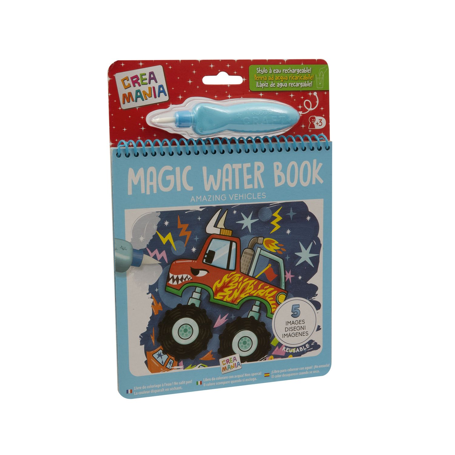 Magic water book - libretto assortito da colorare magico con acqua per bambini - unicorni, veicoli e dinosauri - 