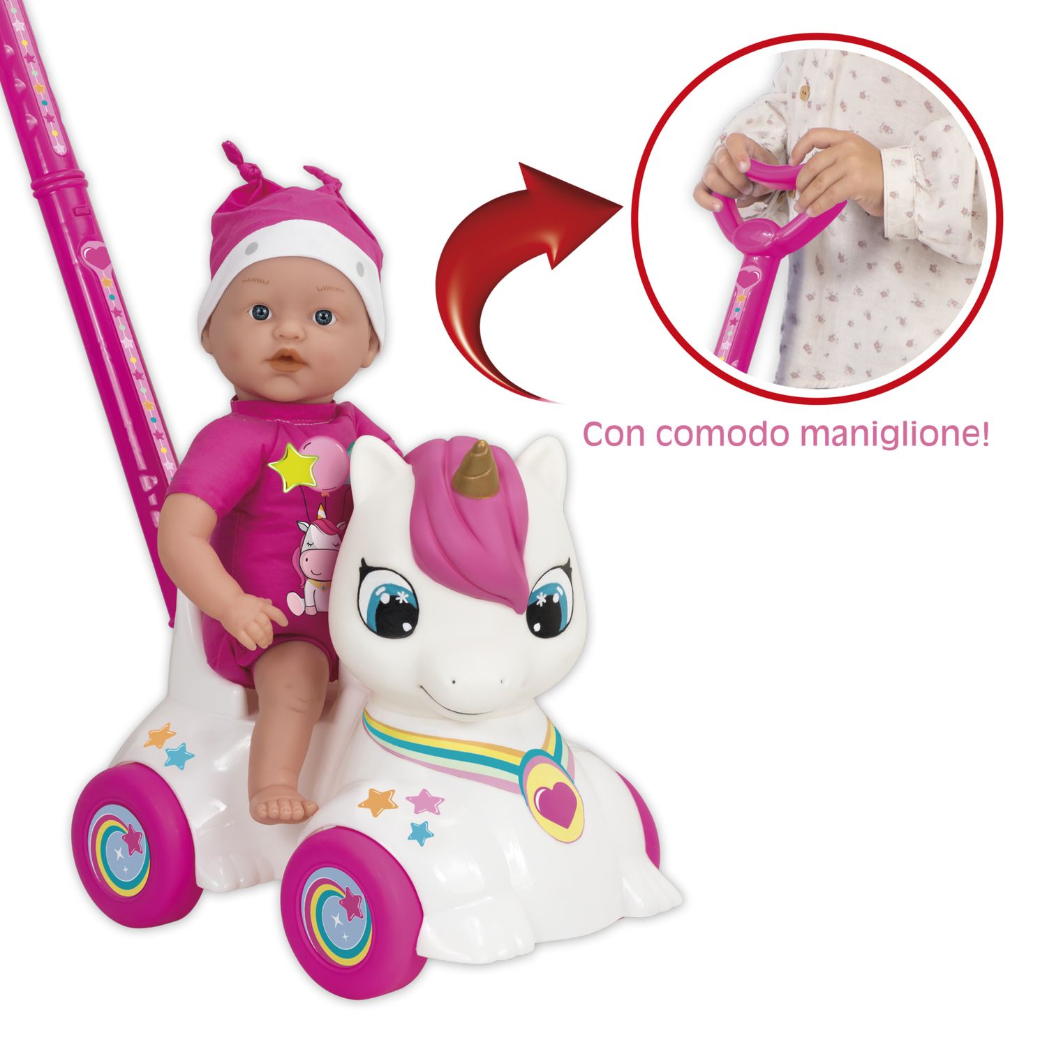 Bambola con cavalcabile unicorno per passeggiate divertenti 37 cm - love bebè - LOVE BEBÈ, SUPERSTAR