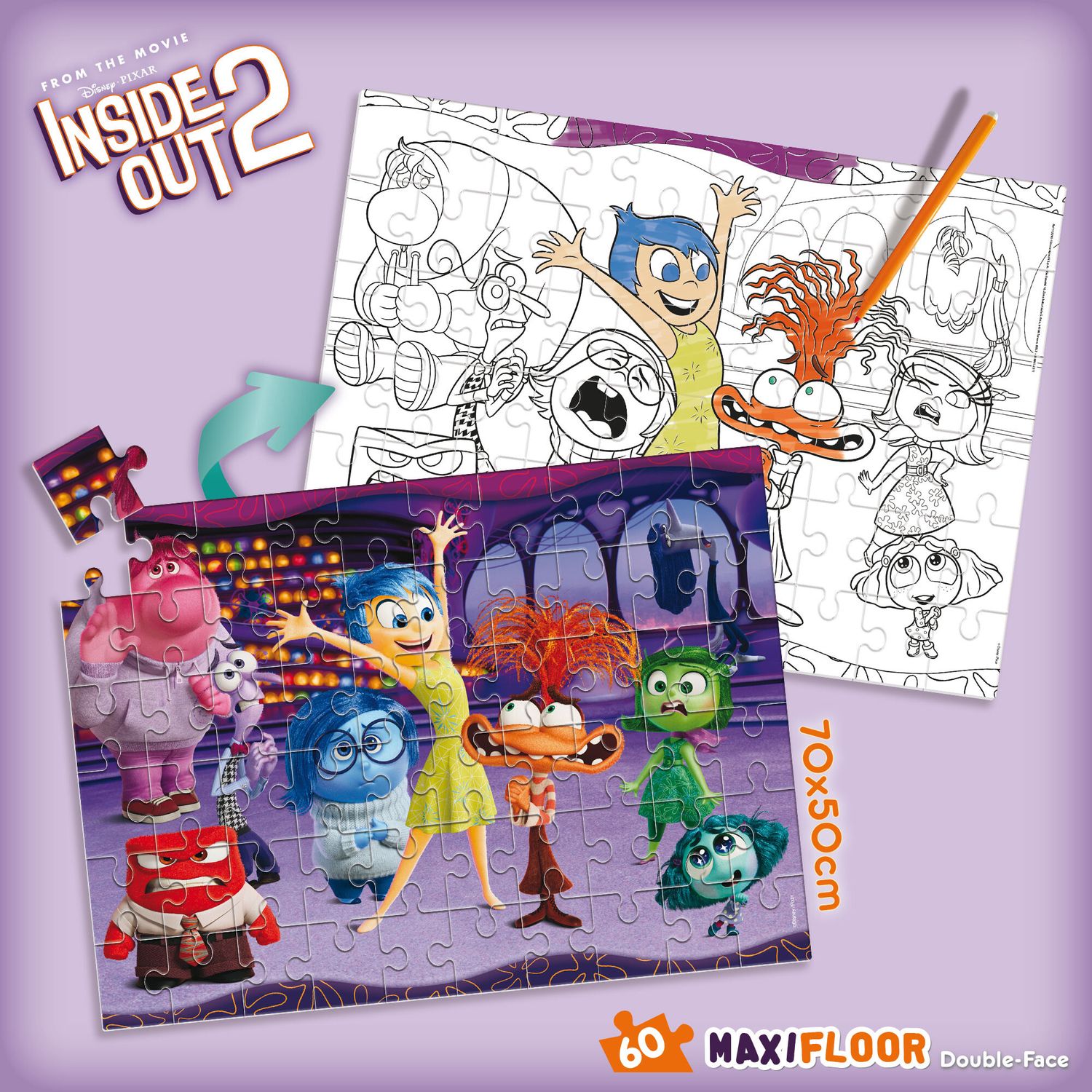 Disney puzzle double face inside out 2 - maxi floor 60 pezzi, 70x50 cm - scena da colorare inclusa - Disney