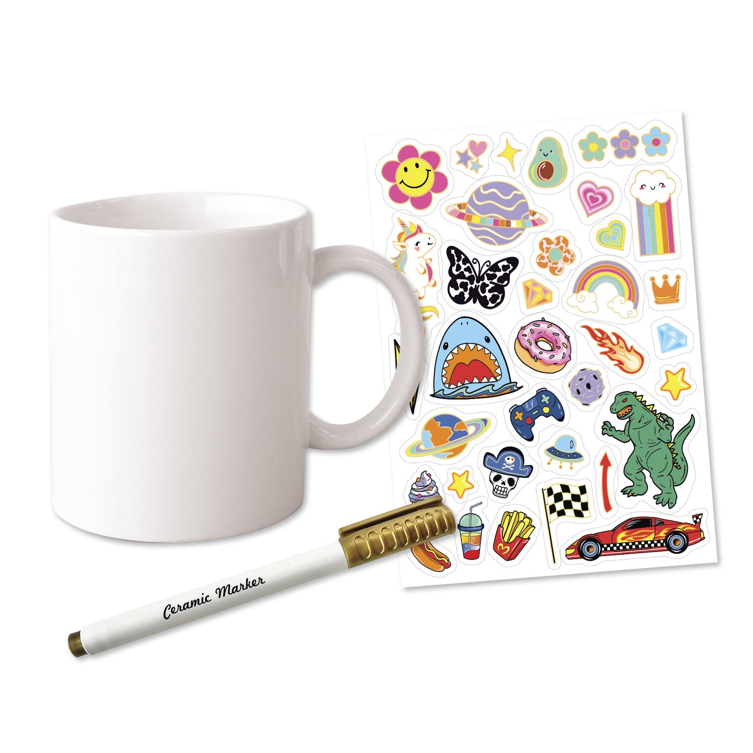 Set creativo per tazza personalizzata - 35 stickers waterproof - pennarello dorato - ideale per bambini - crea mania - CREA MANIA