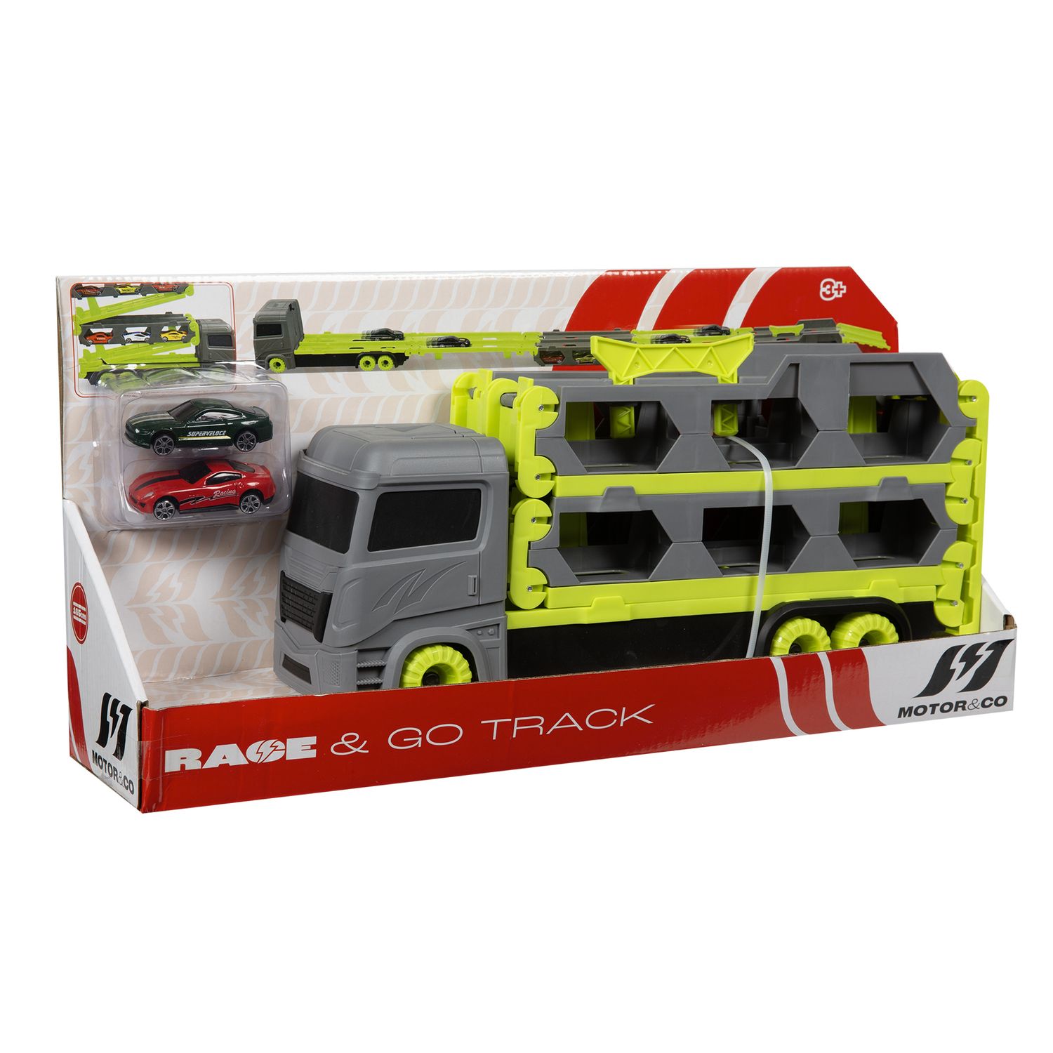 Camioncino porta macchinine 2 in 1 - pista race & go motor & co - 
