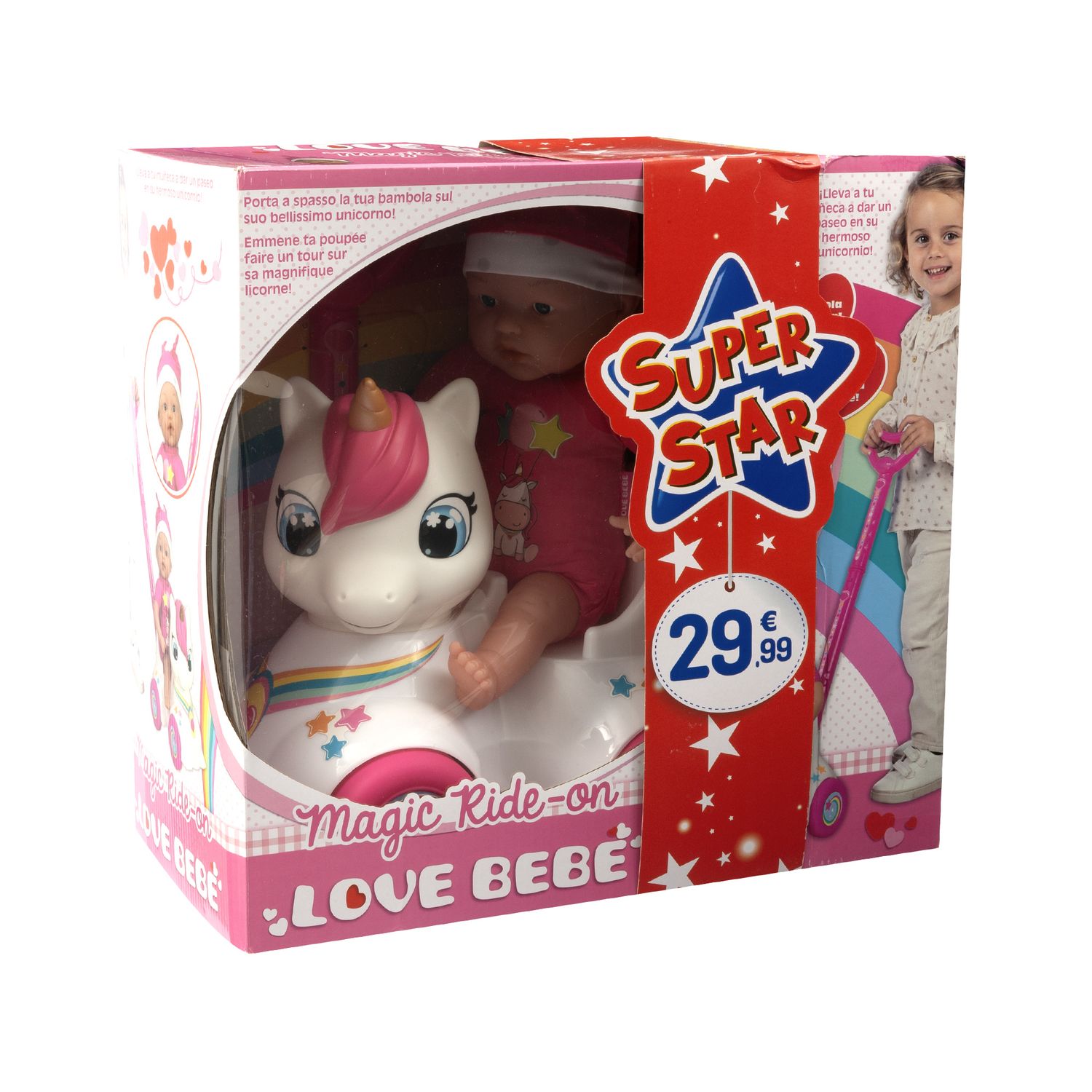 Bambola con cavalcabile unicorno per passeggiate divertenti 37 cm - love bebè - LOVE BEBÈ, SUPERSTAR