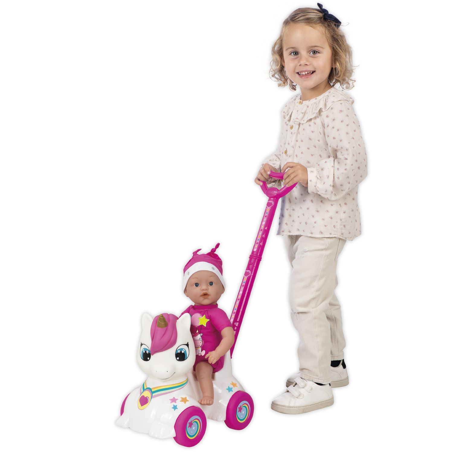 Bambola con cavalcabile unicorno per passeggiate divertenti 37 cm - love bebè - LOVE BEBÈ, SUPERSTAR