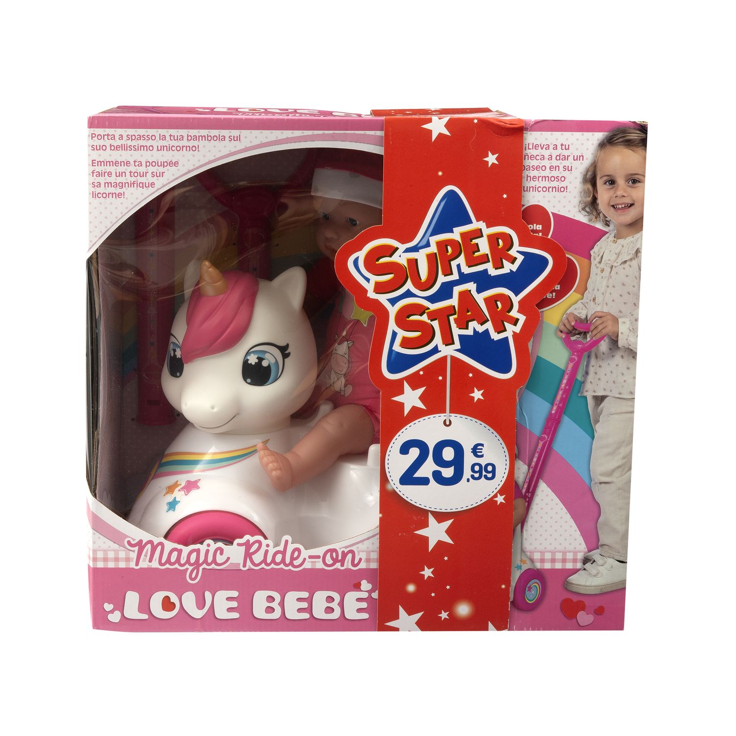 Bambola con cavalcabile unicorno per passeggiate divertenti 37 cm - love bebè - LOVE BEBÈ, SUPERSTAR