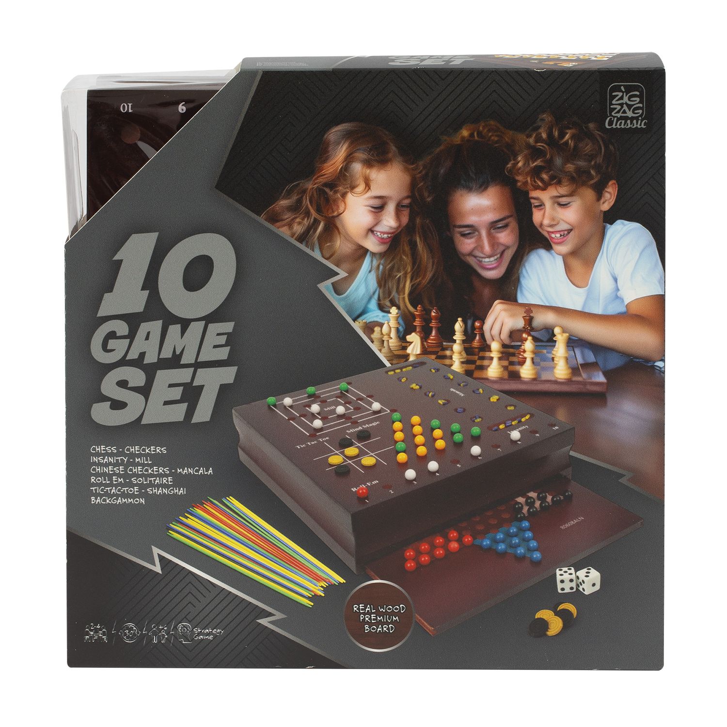 Set di giochi da tavolo in legno 10-in-1 - flipper elettronico, backgammon, scacchi, shangai e più-  zig zag - ZIG ZAG