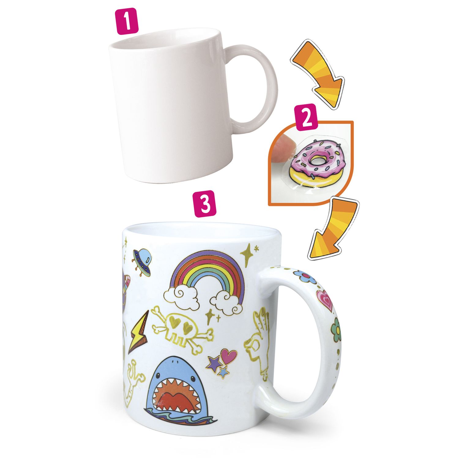 Set creativo per tazza personalizzata - 35 stickers waterproof - pennarello dorato - ideale per bambini - crea mania - CREA MANIA