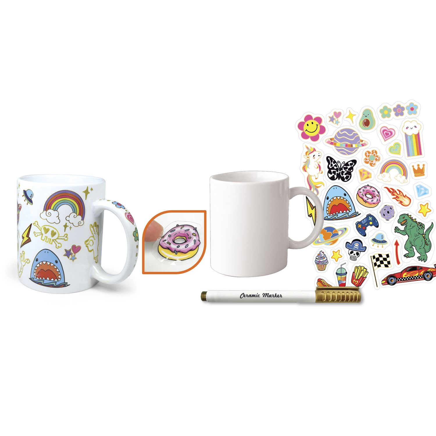 Set creativo per tazza personalizzata - 35 stickers waterproof - pennarello dorato - ideale per bambini - crea mania - CREA MANIA