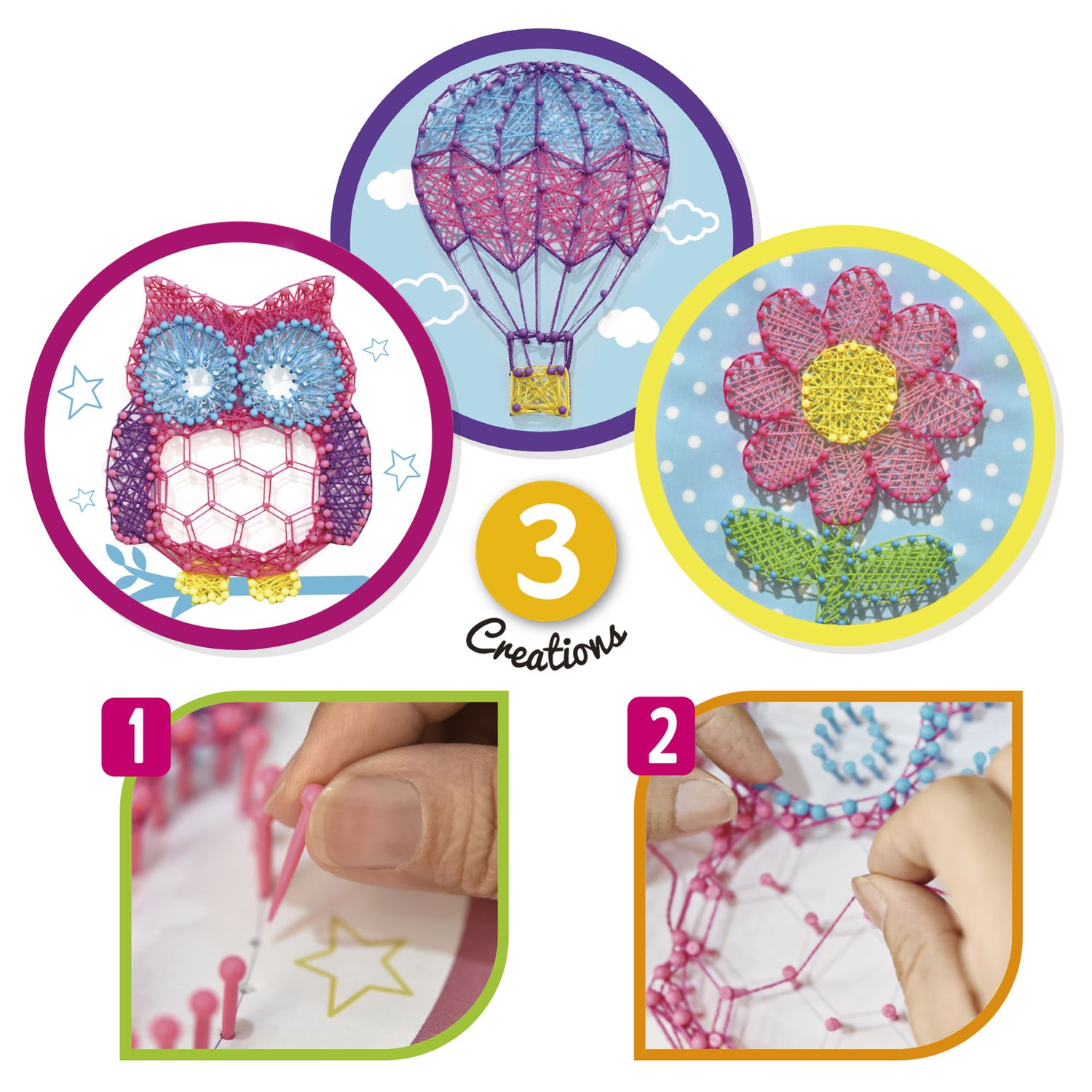 Kit string art - crea 3 disegni colorati - inclusi fili e chiodini - età 6+ - crea mania - CREA MANIA