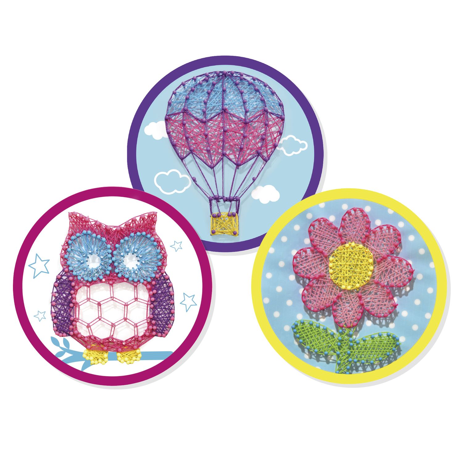 Kit string art - crea 3 disegni colorati - inclusi fili e chiodini - età 6+ - crea mania - CREA MANIA