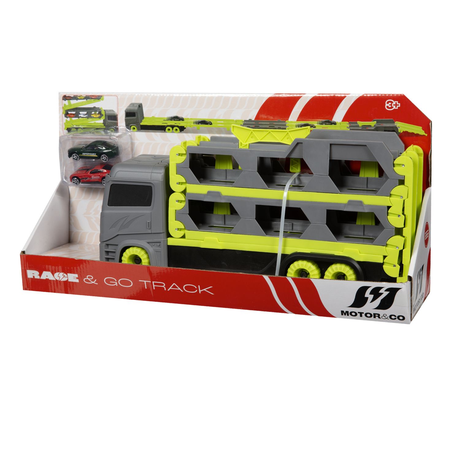 Camioncino porta macchinine 2 in 1 - pista race & go motor & co - 