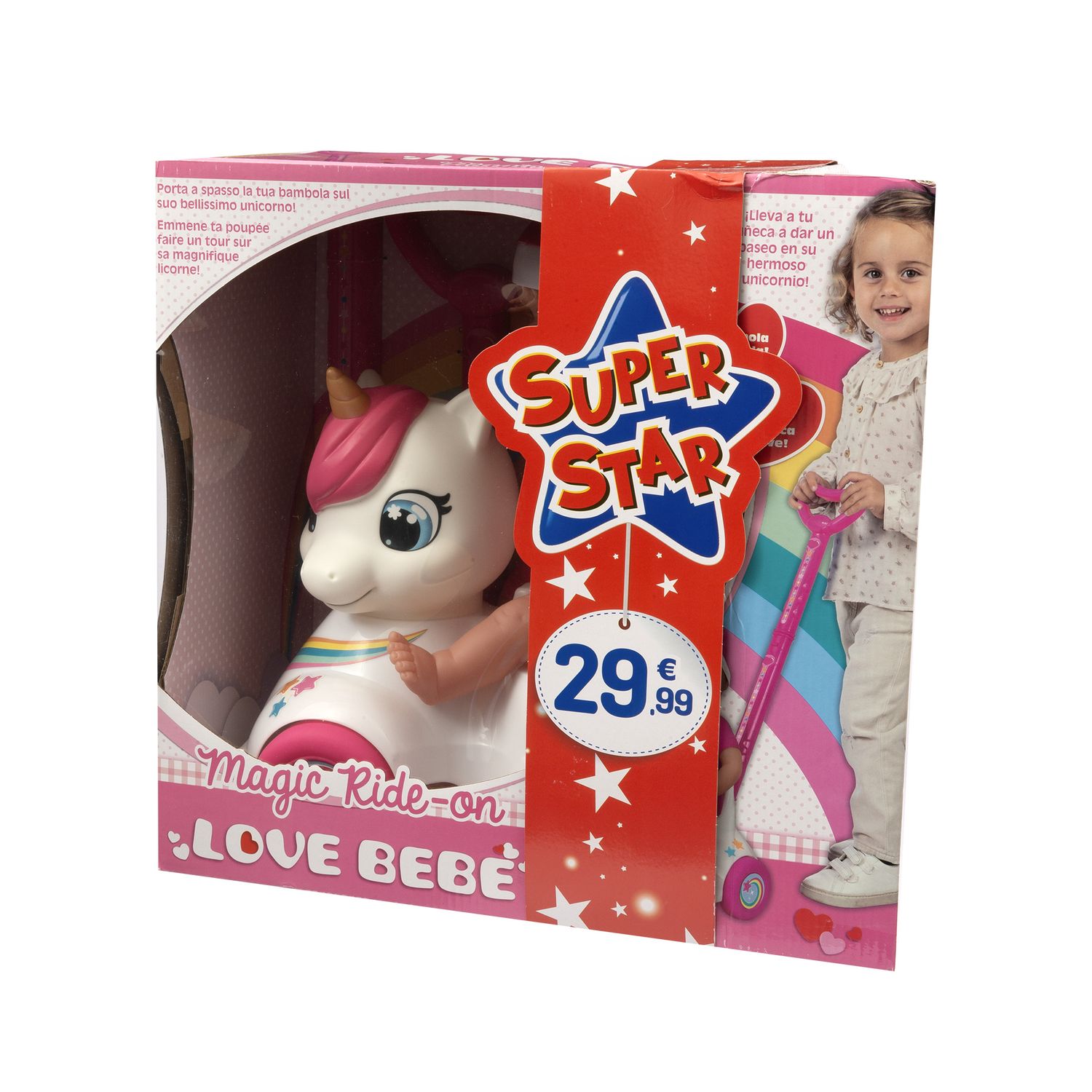 Bambola con cavalcabile unicorno per passeggiate divertenti 37 cm - love bebè - LOVE BEBÈ, SUPERSTAR