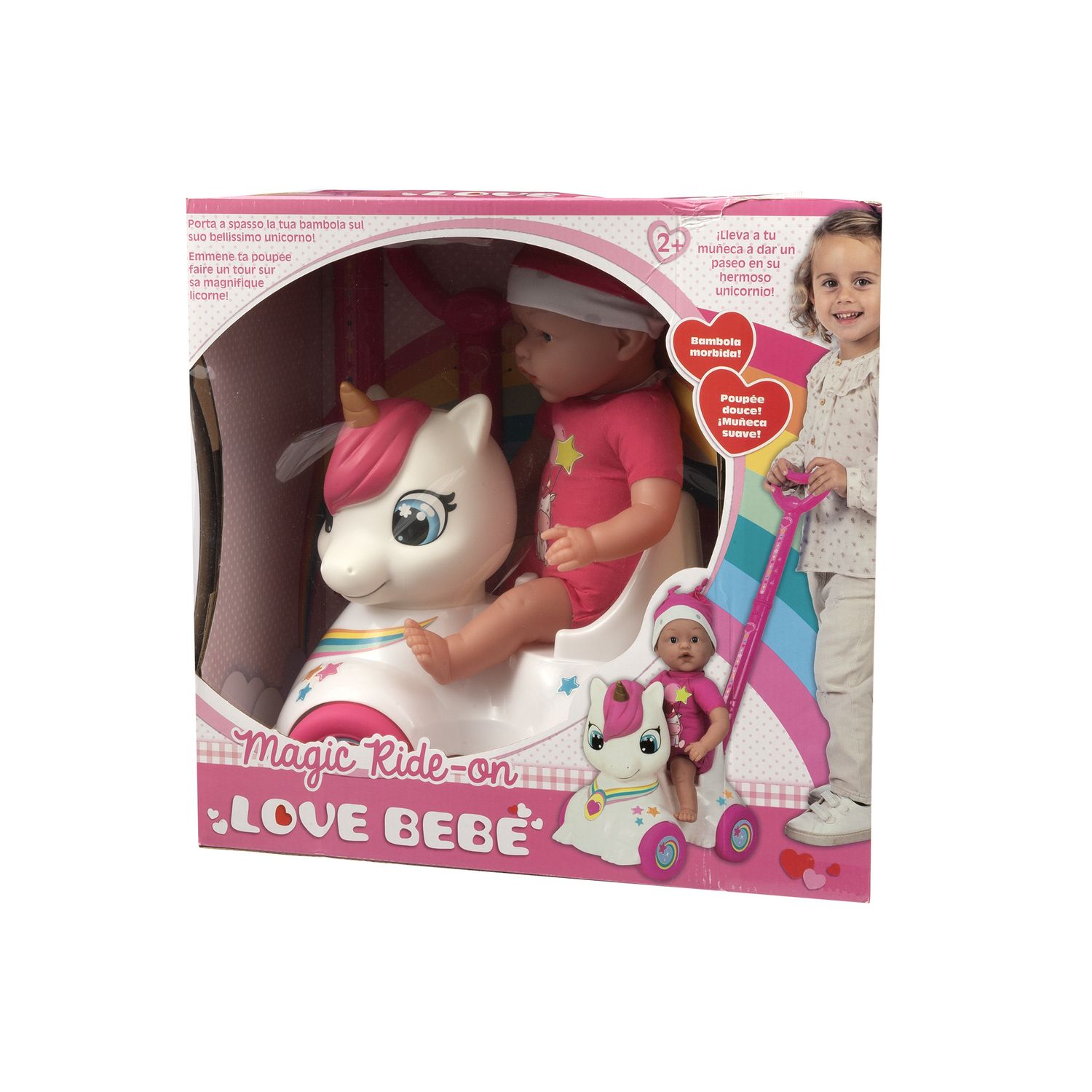 Bambola con cavalcabile unicorno per passeggiate divertenti 37 cm - love bebè - LOVE BEBÈ, SUPERSTAR