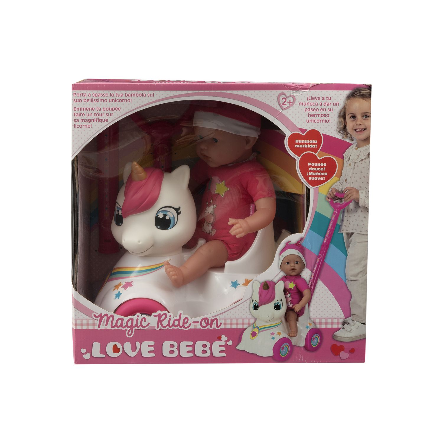 Bambola con cavalcabile unicorno per passeggiate divertenti 37 cm - love bebè - LOVE BEBÈ, SUPERSTAR