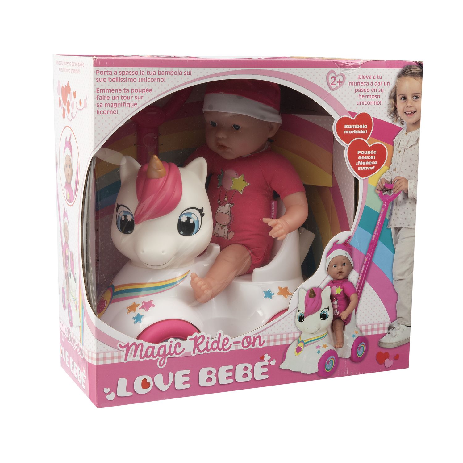 Bambola con cavalcabile unicorno per passeggiate divertenti 37 cm - love bebè - LOVE BEBÈ, SUPERSTAR