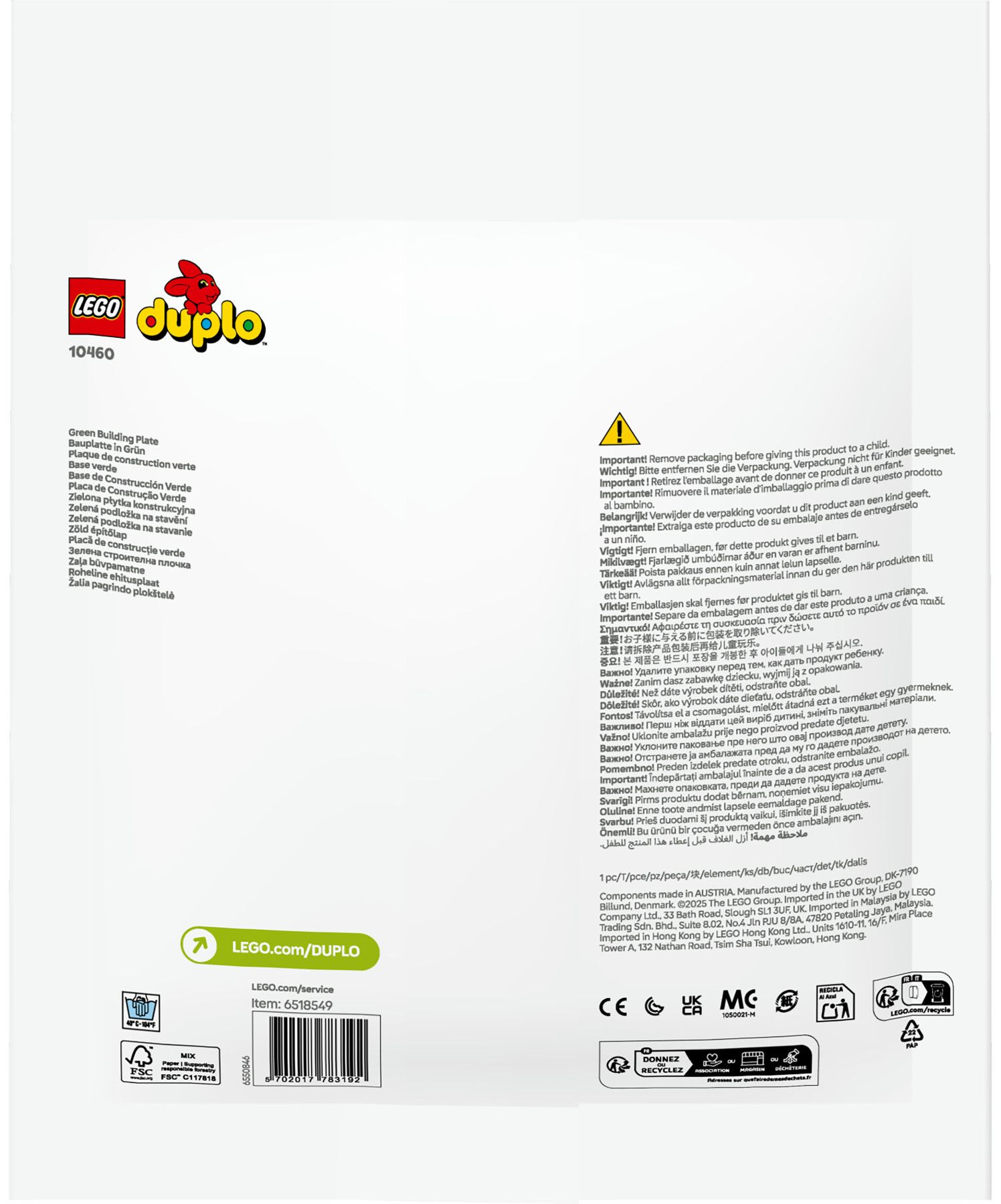 Lego duplo classic 10460 base verde, piastra giocattolo per mattoncini da 24x24 bottoncini, costruzioni creative per bambini - LEGO DUPLO, Lego