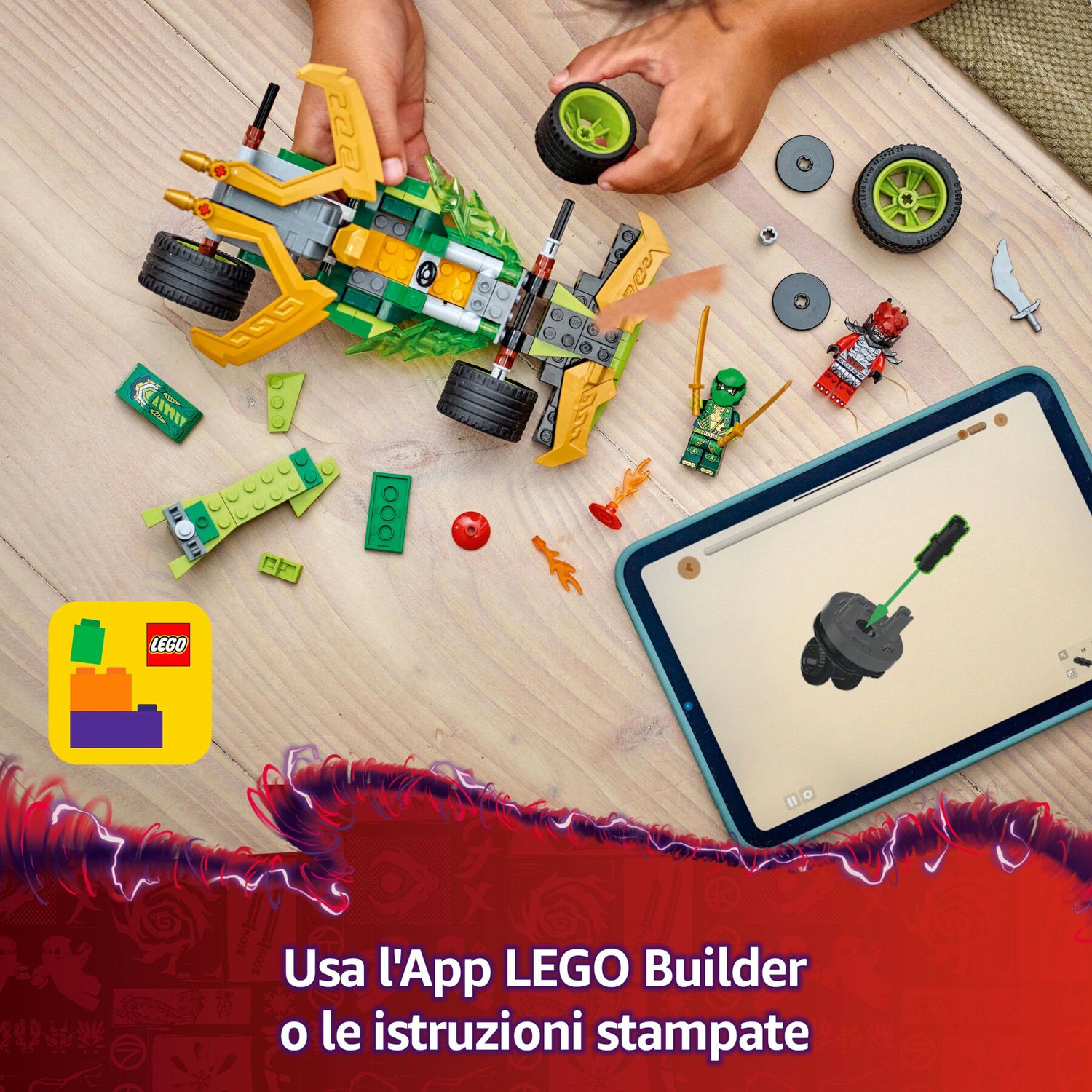 Lego ninjago 71828 racer pull-back di lloyd - modello di auto da corsa giocattolo con 2 minifigure e armi, giochi bambini 7+ - LEGO NINJAGO, Lego