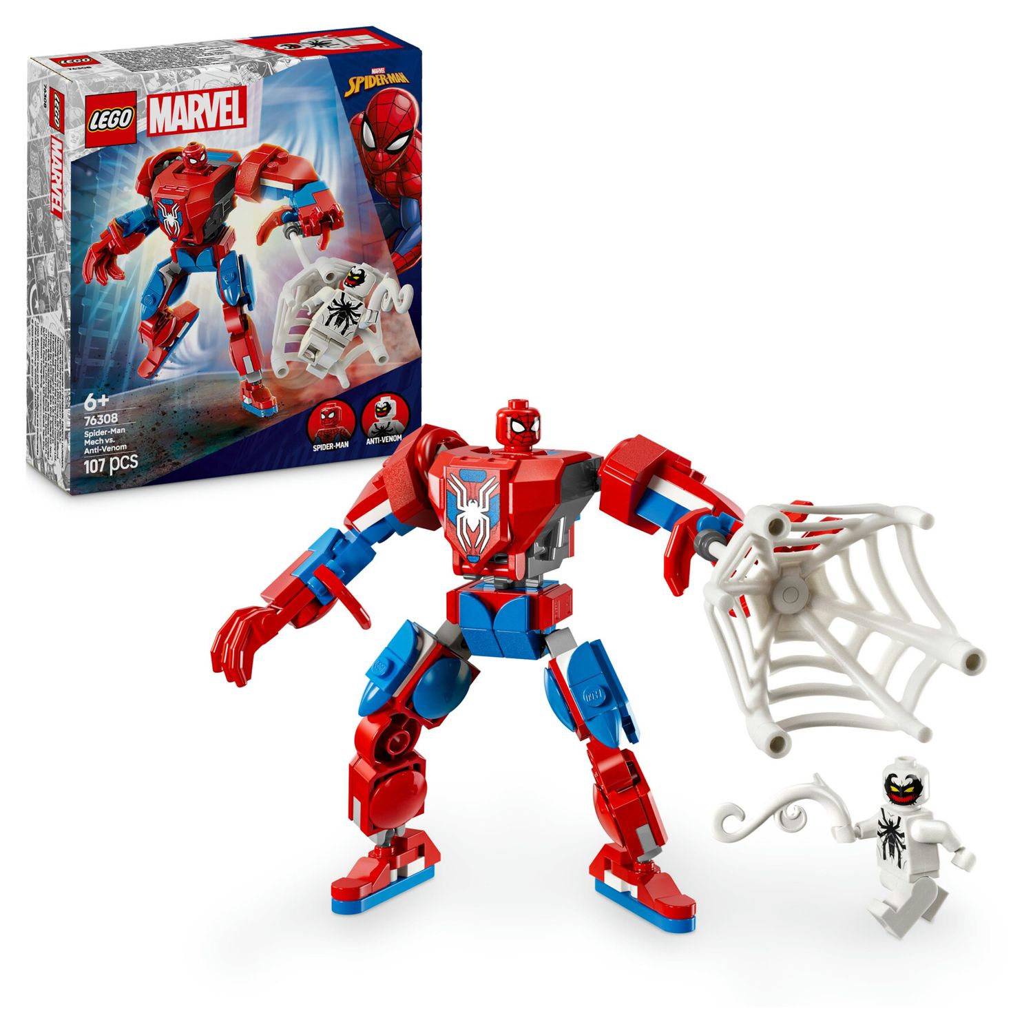 Lego marvel 76308 mech di spider-man contro anti-venom, action figure giocattolo snodabile con 2 minifigure, giochi bambini 6+ - LEGO SUPER HEROES, Lego