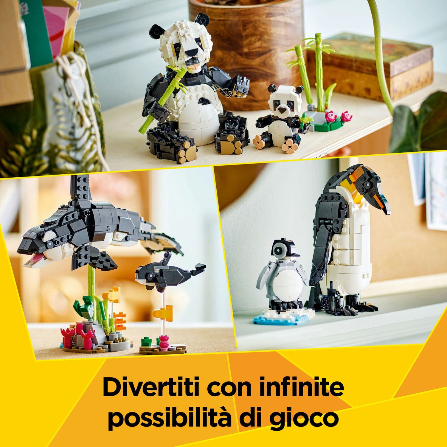 Lego creator 3 in 1 31165 animali selvatici: famiglia di panda giocattolo, si trasforma in pinguino e orca, giochi bambini 8+ - LEGO CREATOR, Lego
