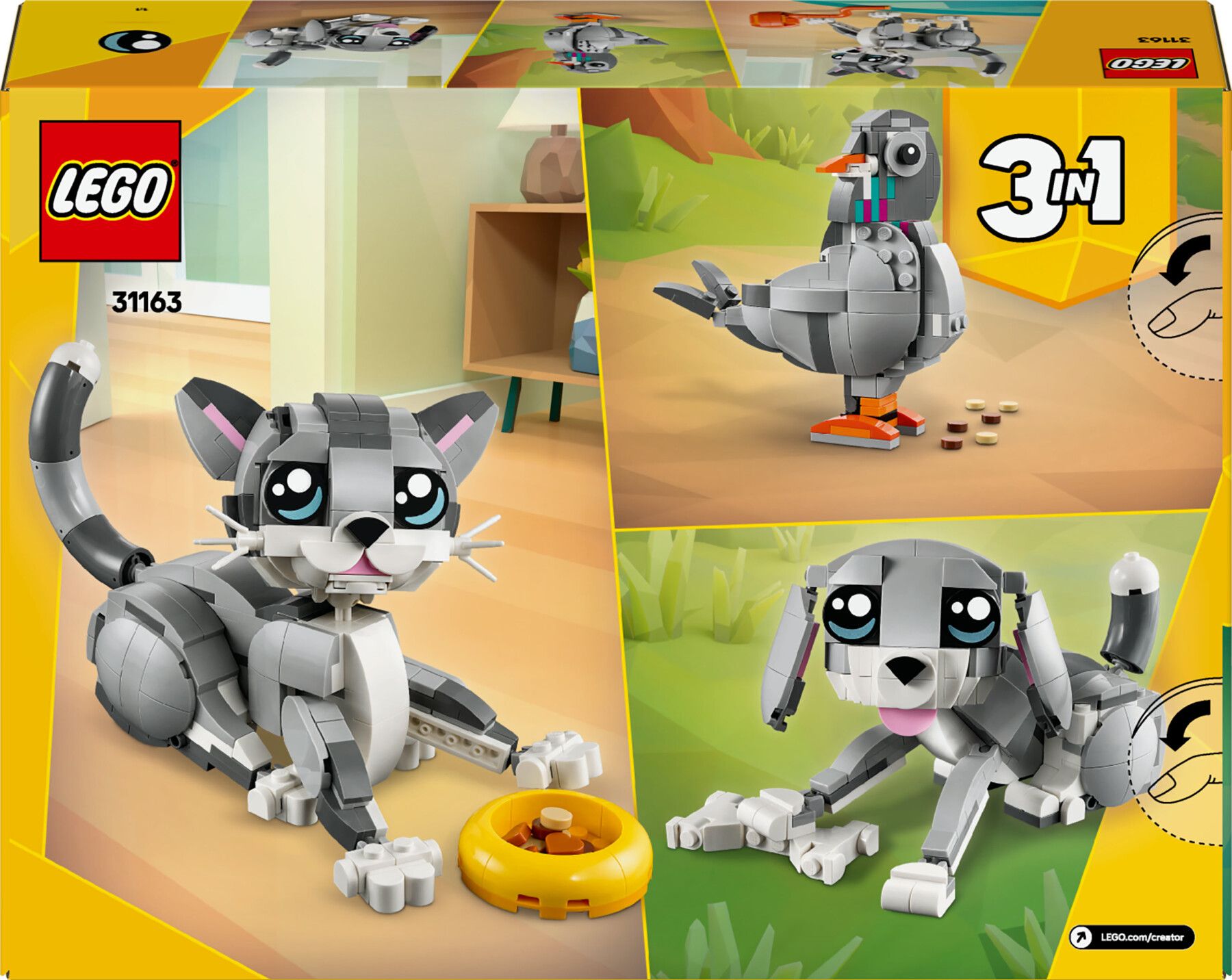 Lego creator 3 in 1 31163 gatto giocoso giocattolo, si trasforma in piccione o in cane - animali da costruire per bambini 8+ - LEGO CREATOR, Lego