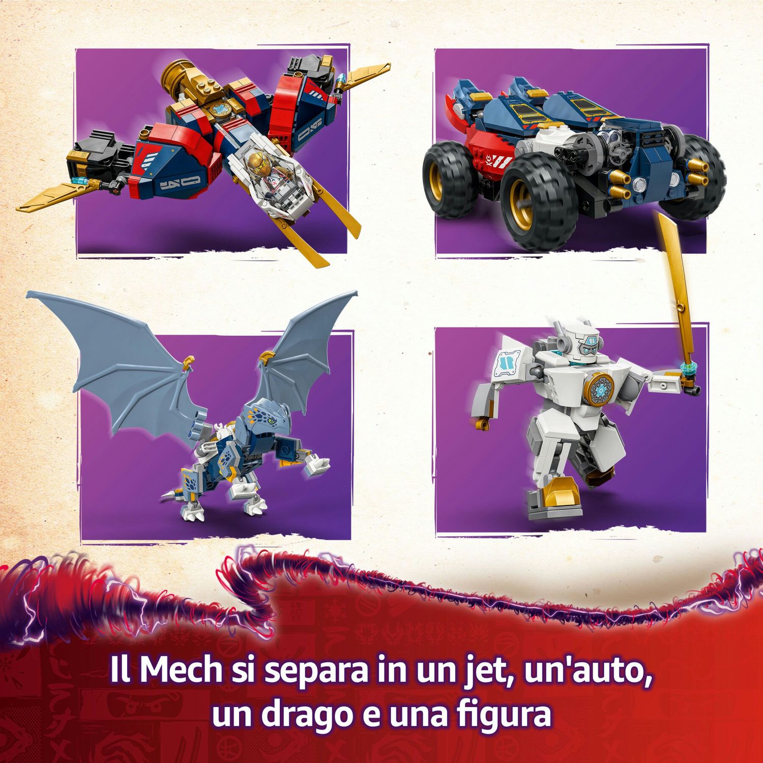 Lego ninjago 71834 mech ultra combinatore di zane - robot giocattolo 4 in 1 separabile in 4 modellini, giochi per bambini 9+ - LEGO NINJAGO, Lego