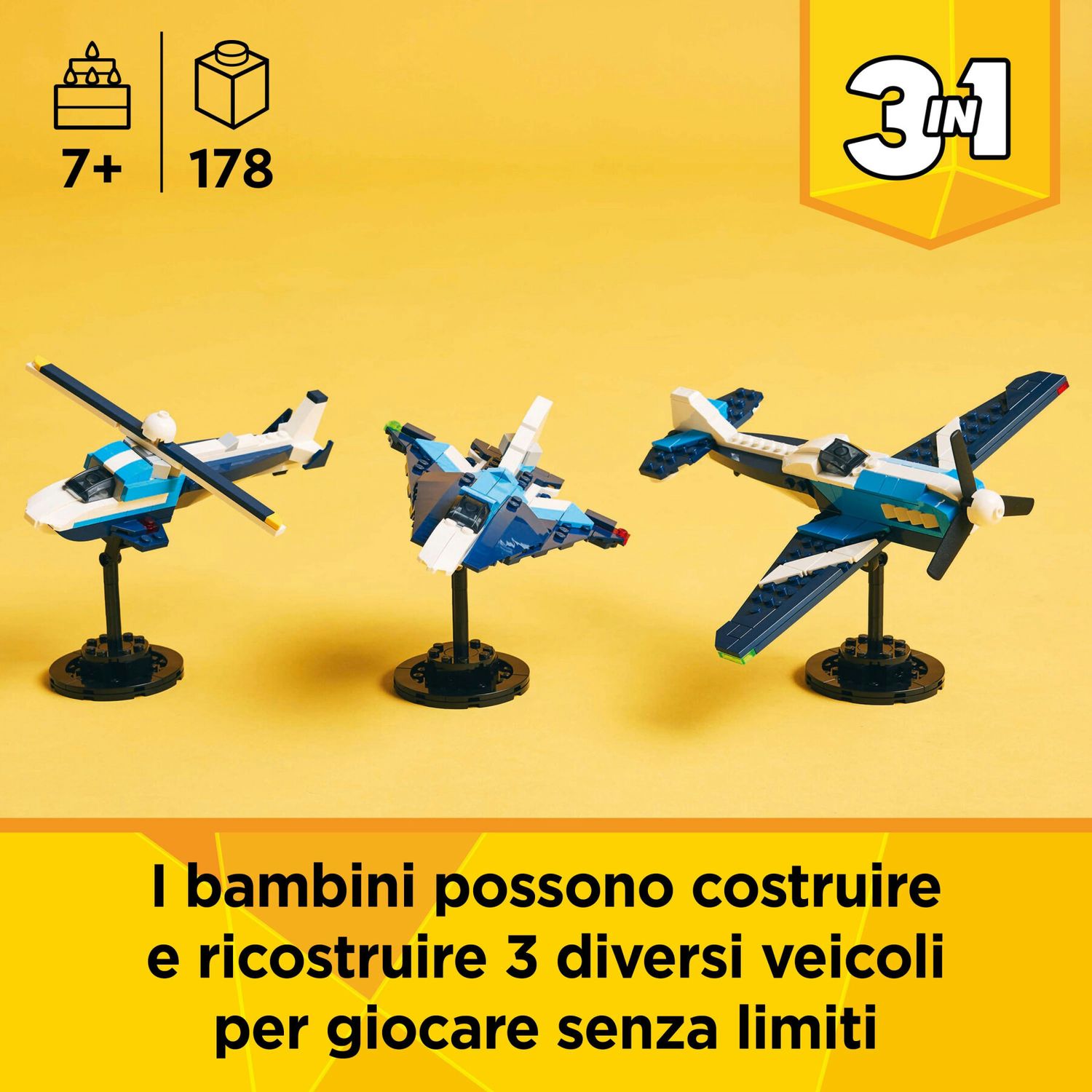 Lego creator 3 in 1 31160 velivolo: aereo da competizione, aeroplano giocattolo trasformabile in elicottero e jet, bambini 7+ - LEGO CREATOR, Lego
