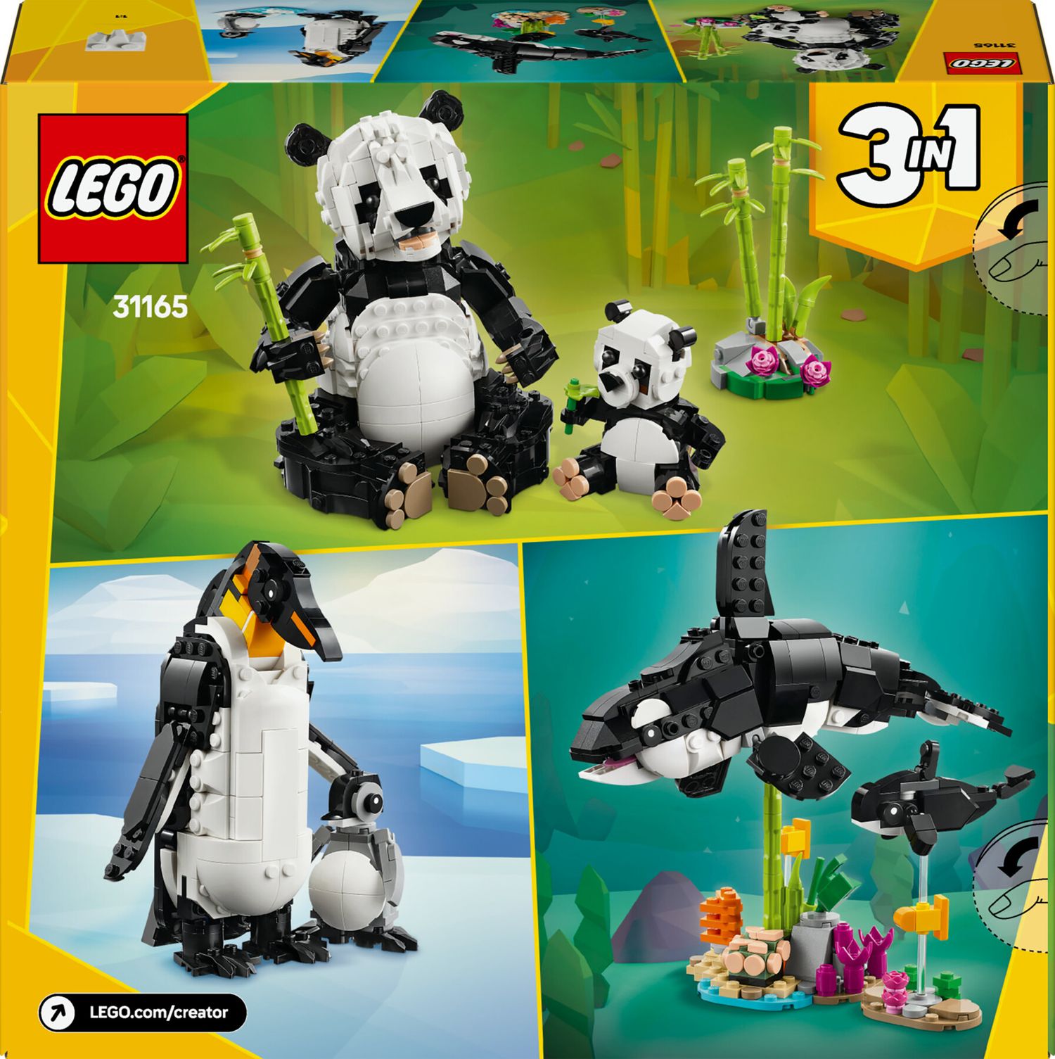 Lego creator 3 in 1 31165 animali selvatici: famiglia di panda giocattolo, si trasforma in pinguino e orca, giochi bambini 8+ - LEGO CREATOR, Lego