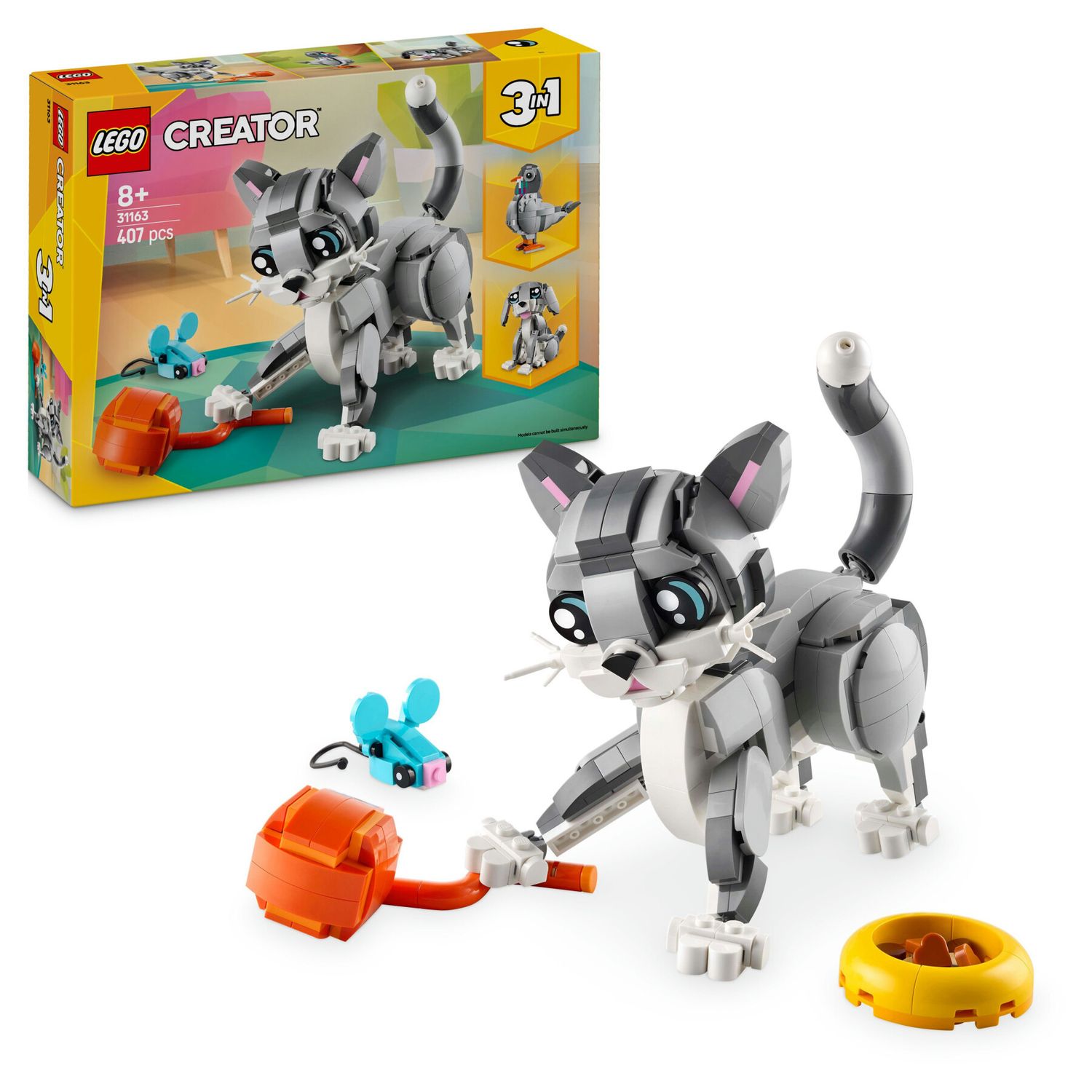 Lego creator 3 in 1 31163 gatto giocoso giocattolo, si trasforma in piccione o in cane - animali da costruire per bambini 8+ - LEGO CREATOR, Lego