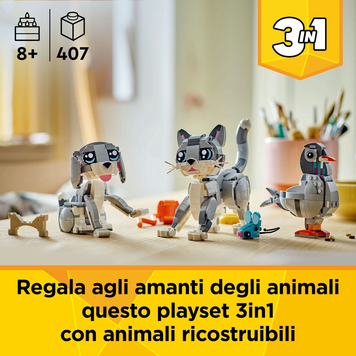 Lego creator 3 in 1 31163 gatto giocoso giocattolo, si trasforma in piccione o in cane - animali da costruire per bambini 8+ - LEGO CREATOR, Lego