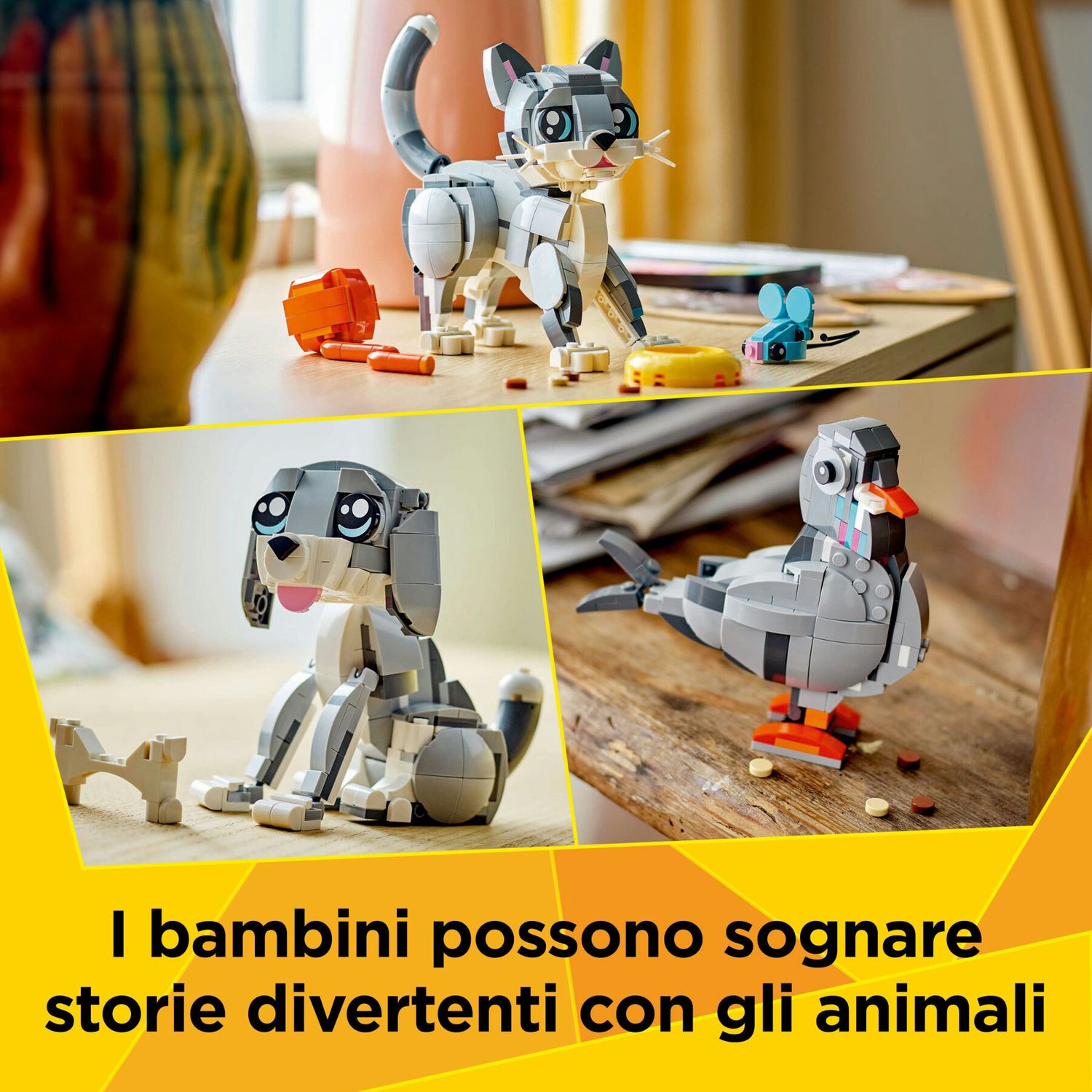 Lego creator 3 in 1 31163 gatto giocoso giocattolo, si trasforma in piccione o in cane - animali da costruire per bambini 8+ - LEGO CREATOR, Lego