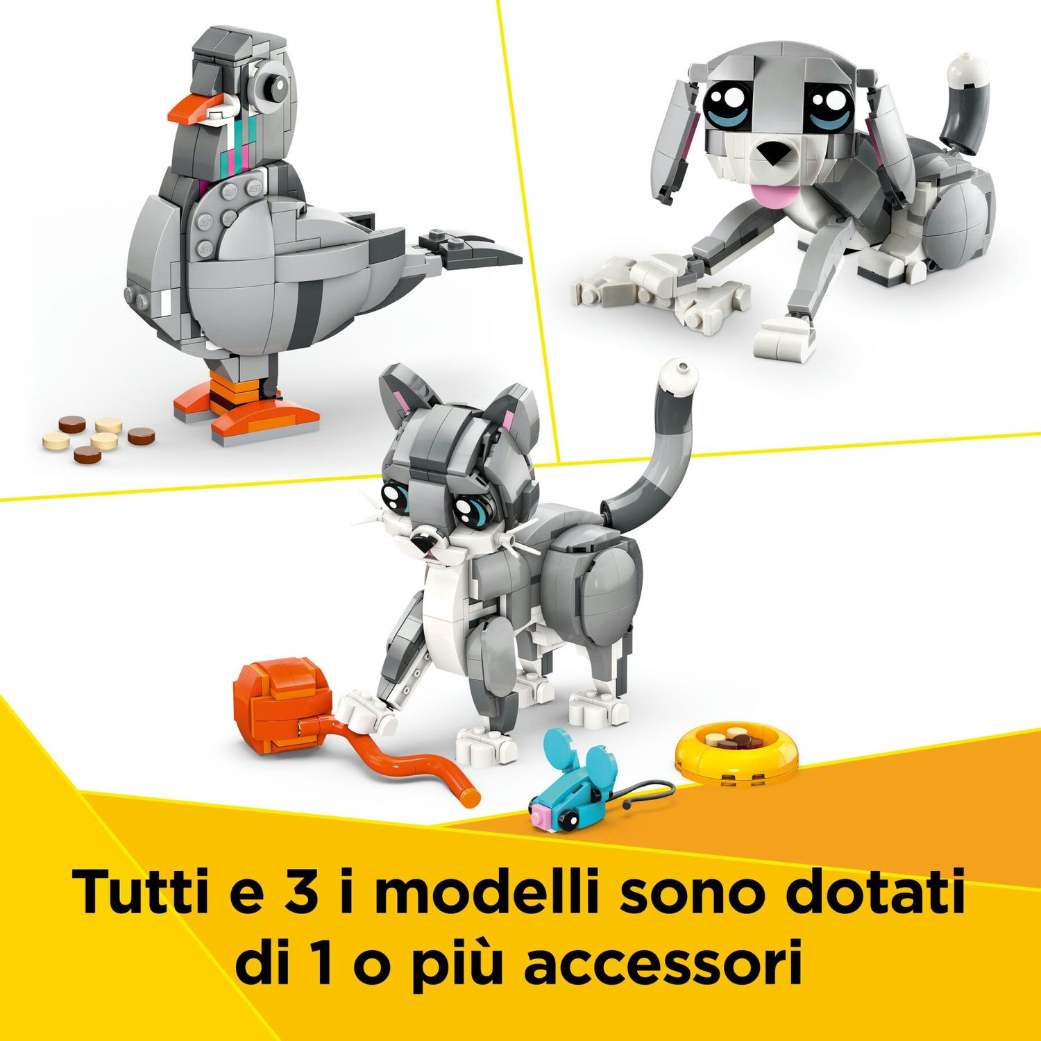 Lego creator 3 in 1 31163 gatto giocoso giocattolo, si trasforma in piccione o in cane - animali da costruire per bambini 8+ - LEGO CREATOR, Lego